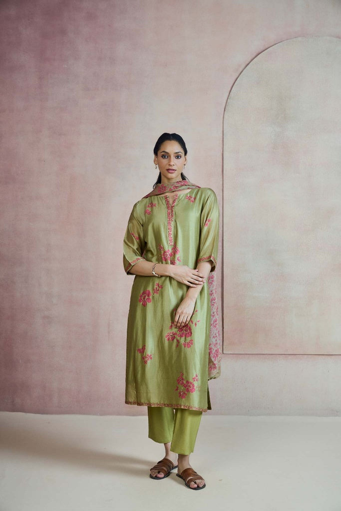 Moss Green Silk Kurta Set with Floral Thread Embroidery - Mokshaa