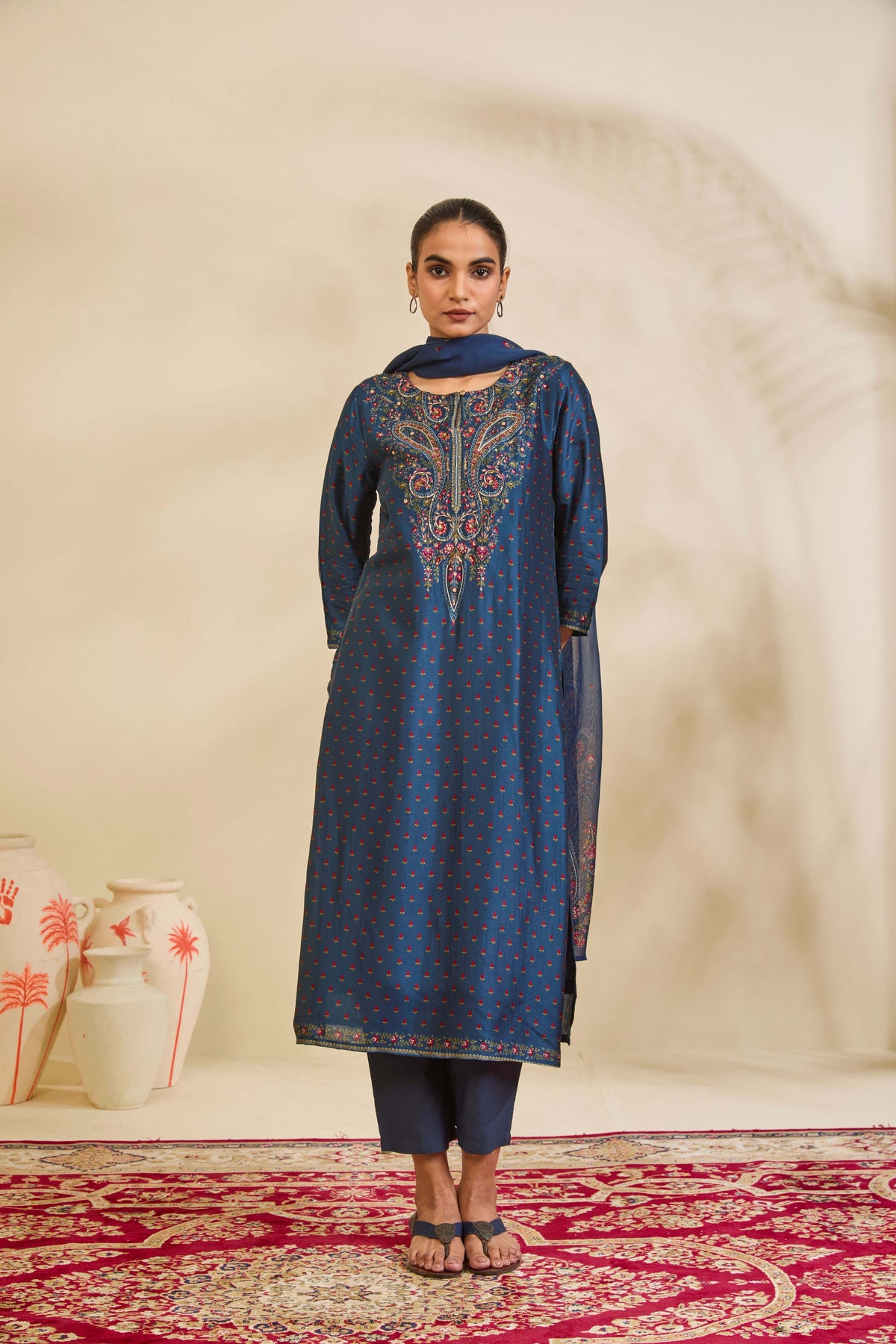 Teal Blue Printed Silk Kurta Set with Paisley Thread Embroidery - Mokshaa
