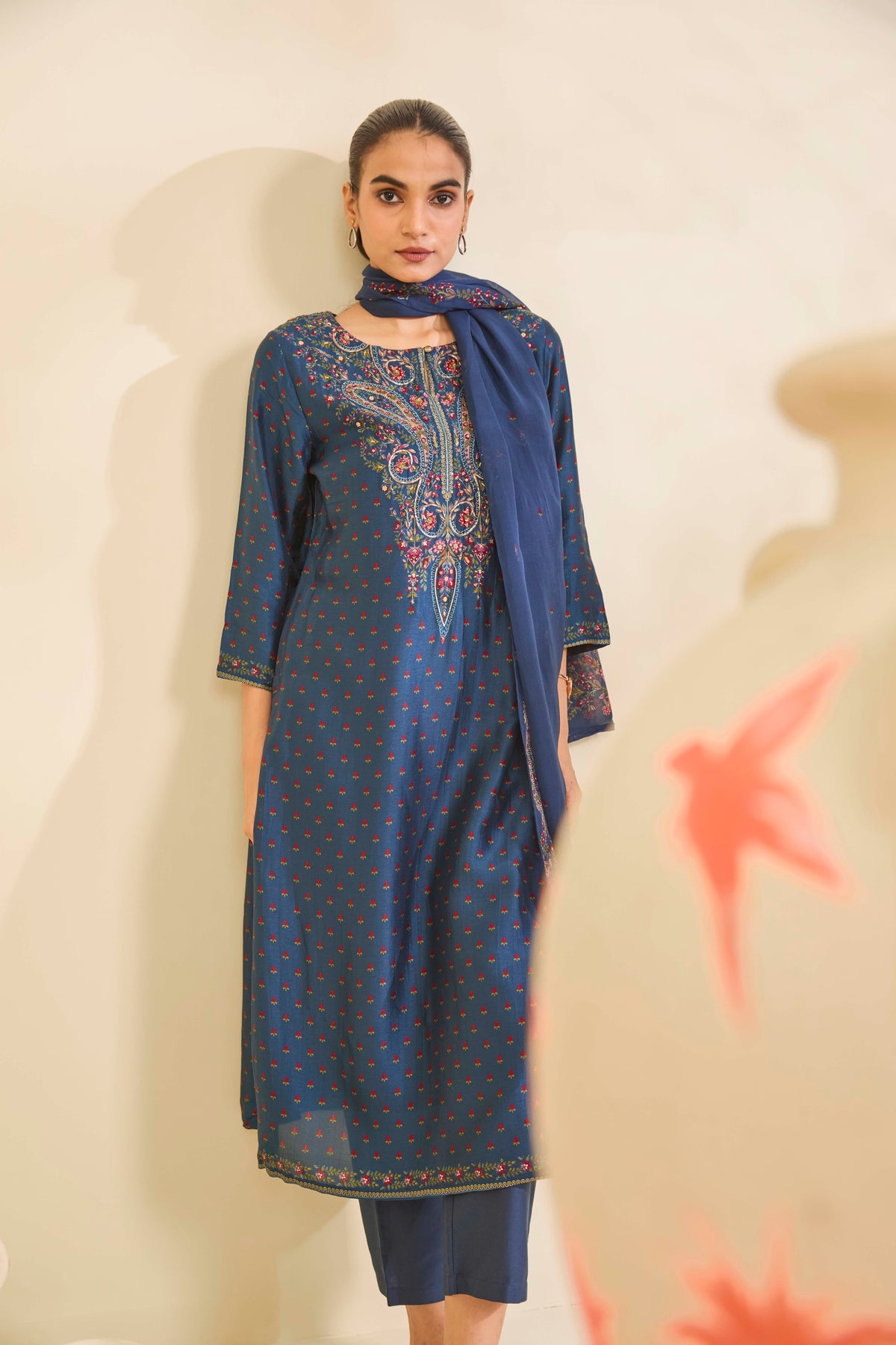 Teal Blue Printed Silk Kurta Set with Paisley Thread Embroidery - Mokshaa
