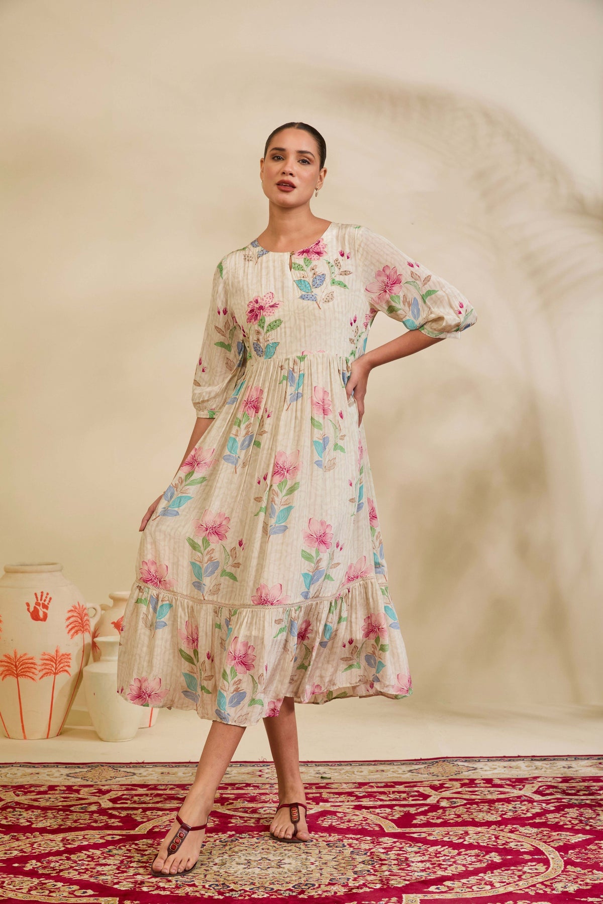 Ivory Floral Printed Muslin Tiered Dress with Keyhole Neckline and Lace Panel - Mokshaa