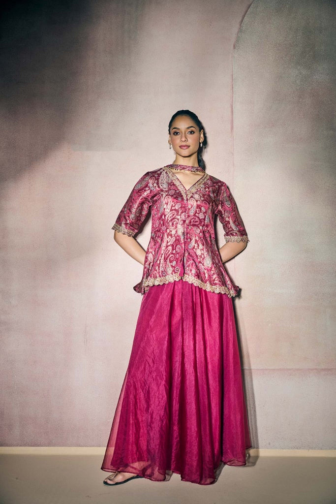 Magenta Banarasi Tissue Peplum Top with Organza Palazzo Set - Mokshaa