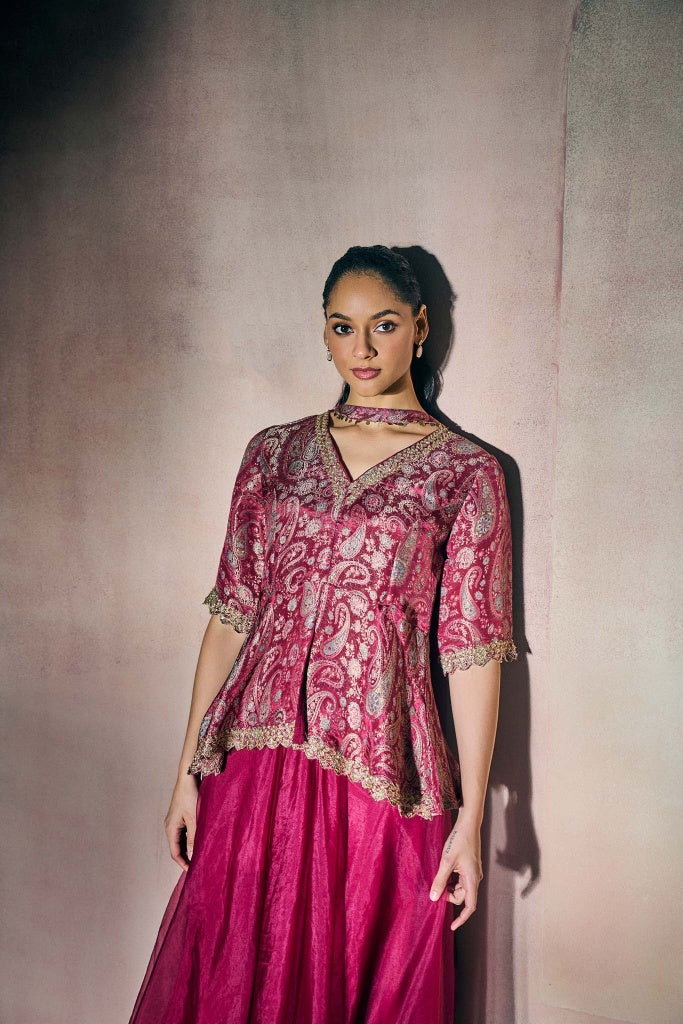 Magenta Banarasi Tissue Peplum Top with Organza Palazzo Set - Mokshaa