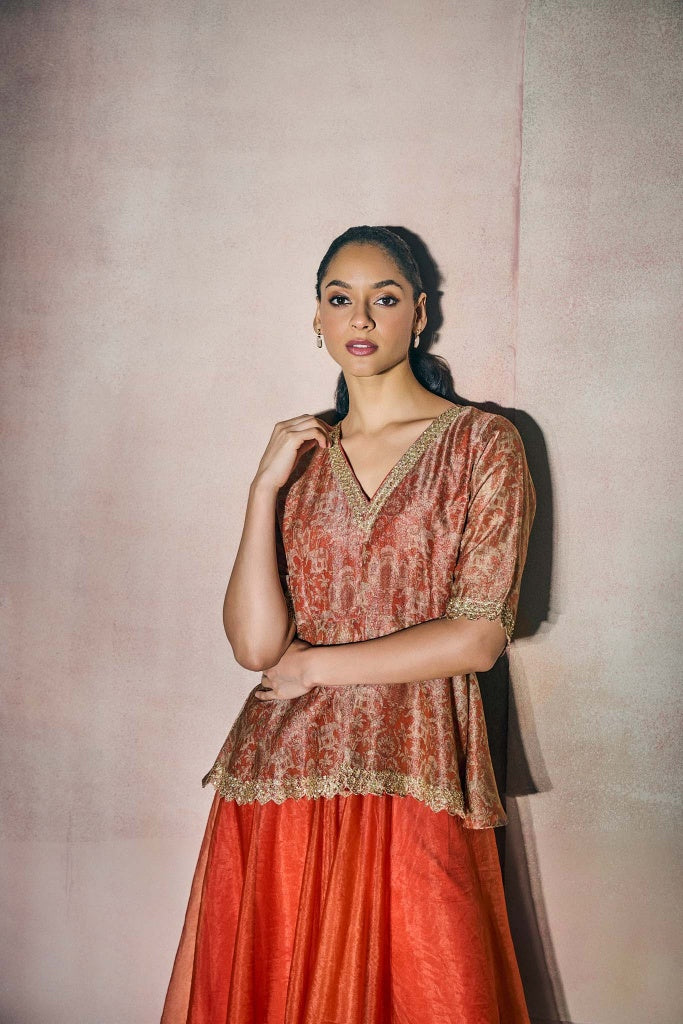 Rust Orange Banarasi Tissue Peplum Top with Organza Palazzo Set - Mokshaa