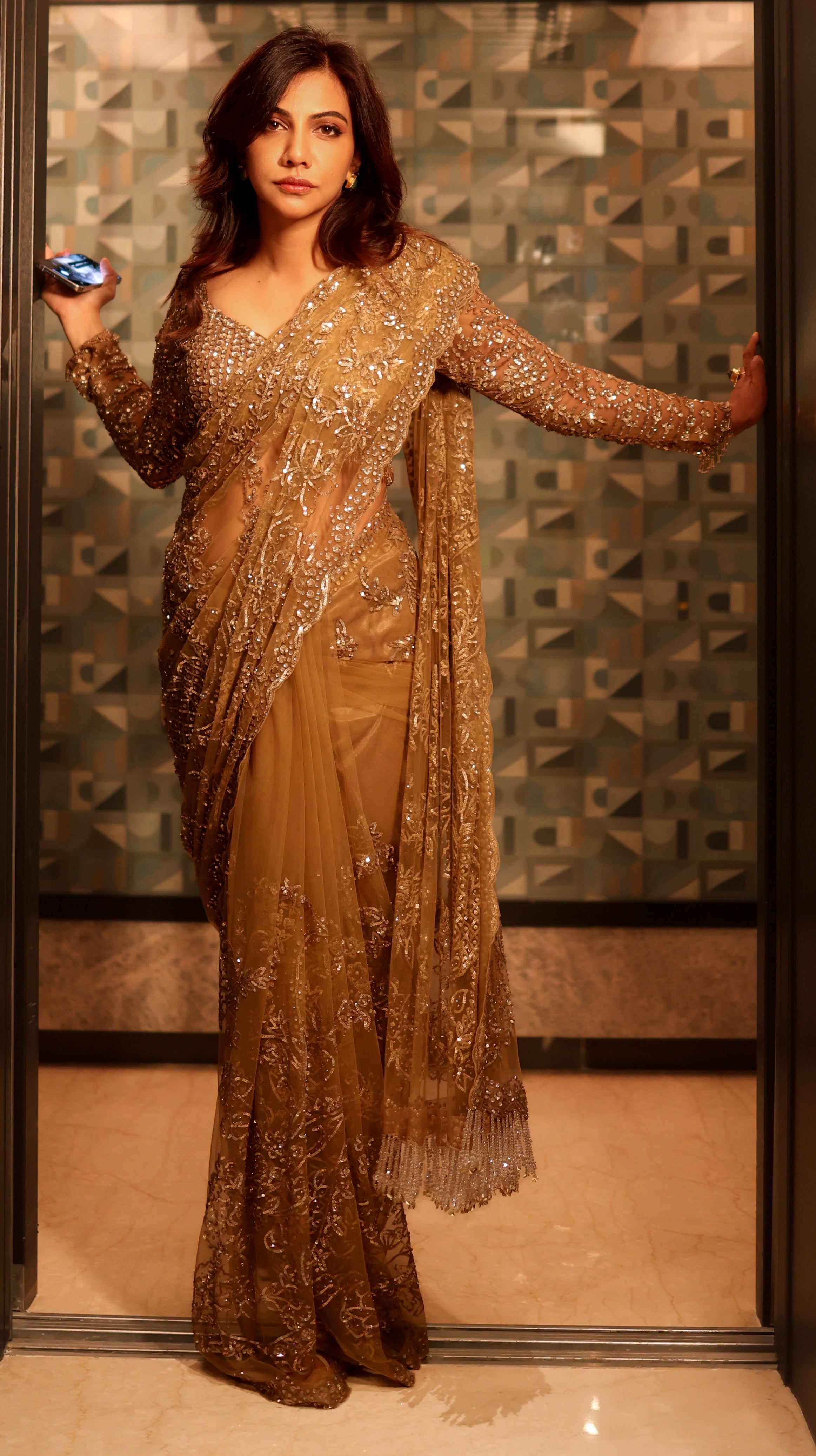 Champagne Gold Net Sequins Saree