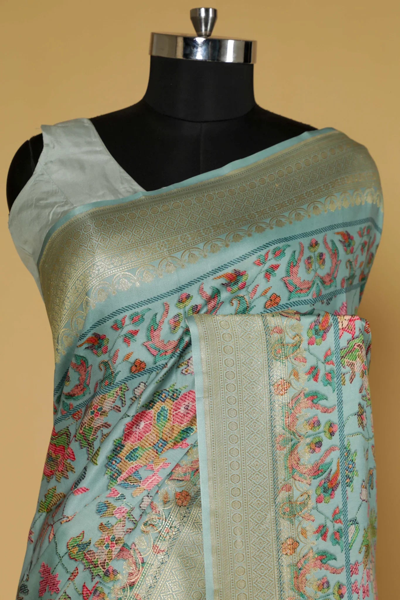 Turquoise Blue Banarasi Satin Silk Saree with All-Over Digital Print & Zari Border - Mokshaa
