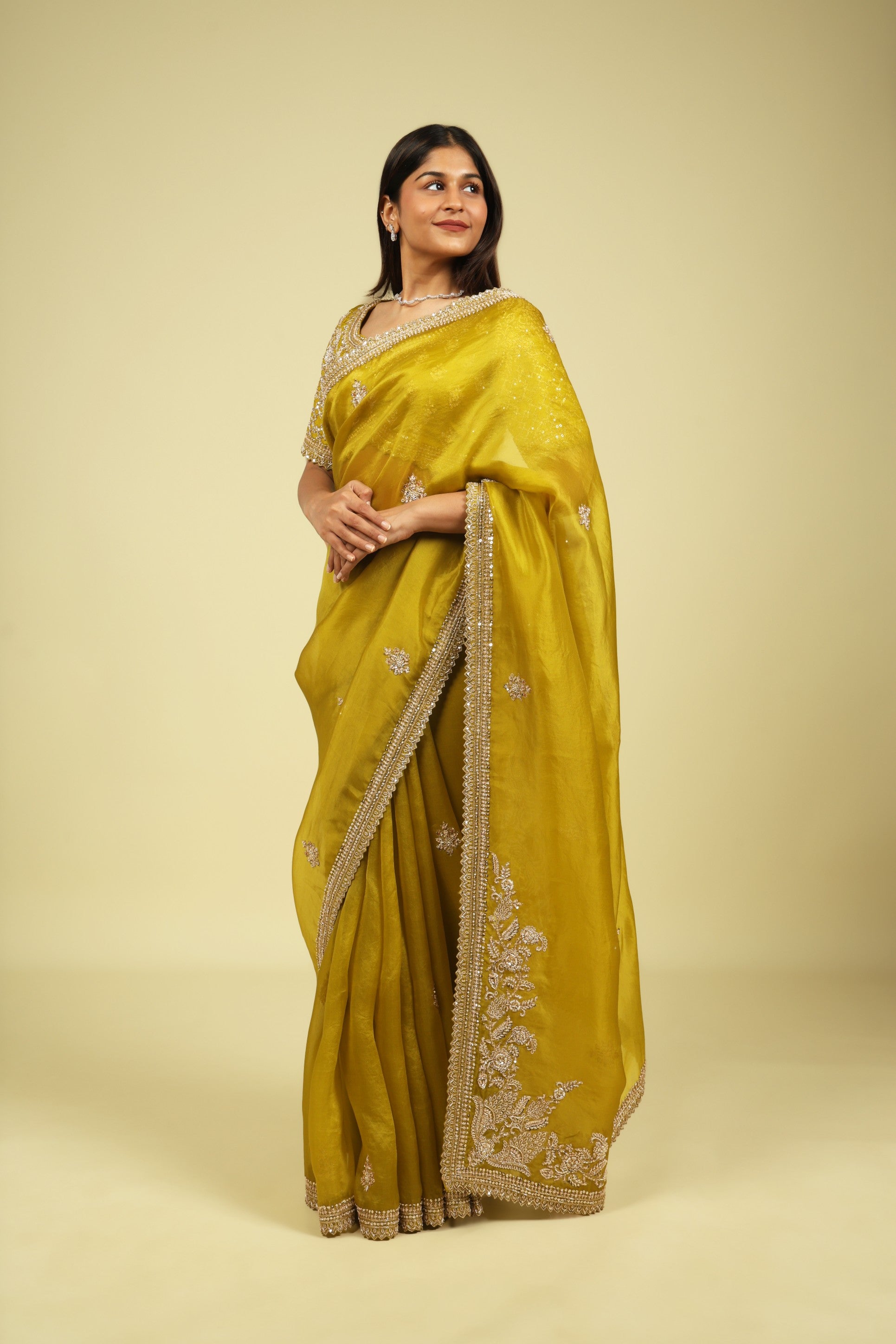 Lime Green Organza Saree with Zardoosi, Sequin Buttas & Embroidered Border - Mokshaa