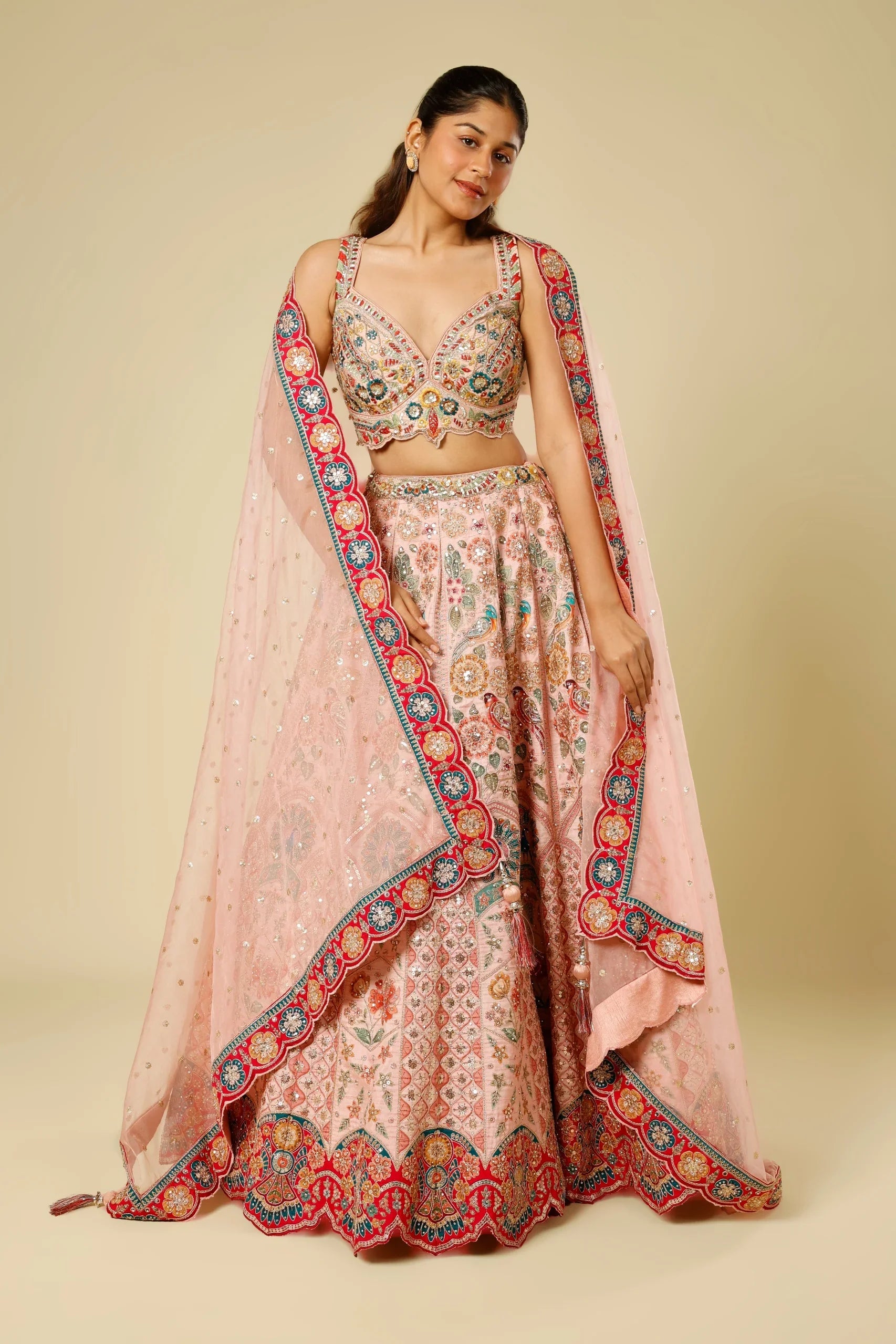 Blush Pink Silk Lehenga Set with Zari, Sequin & Stone Embroidery - Mokshaa