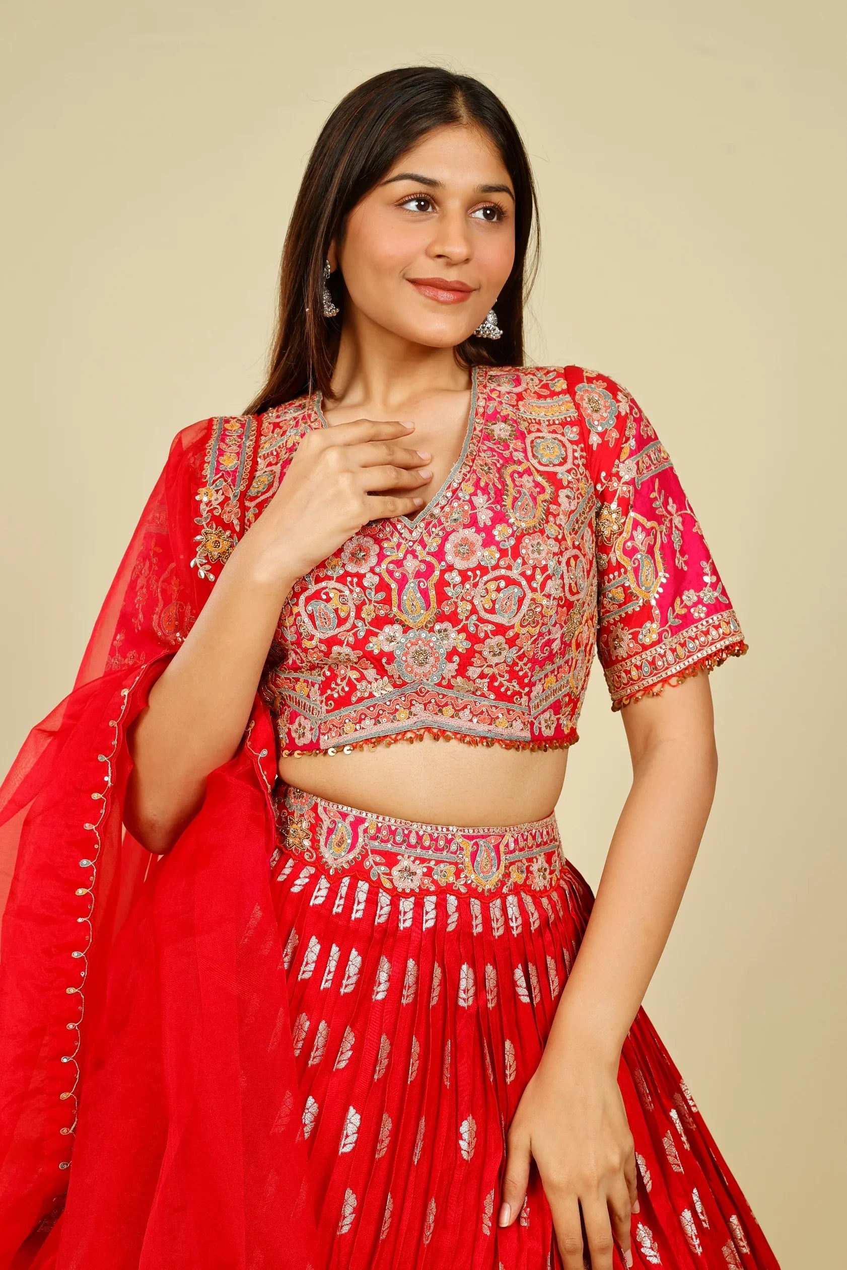 Red & Pink Banarasi Silk Lehenga Set with Zari & Sequin Embroidery - Mokshaa