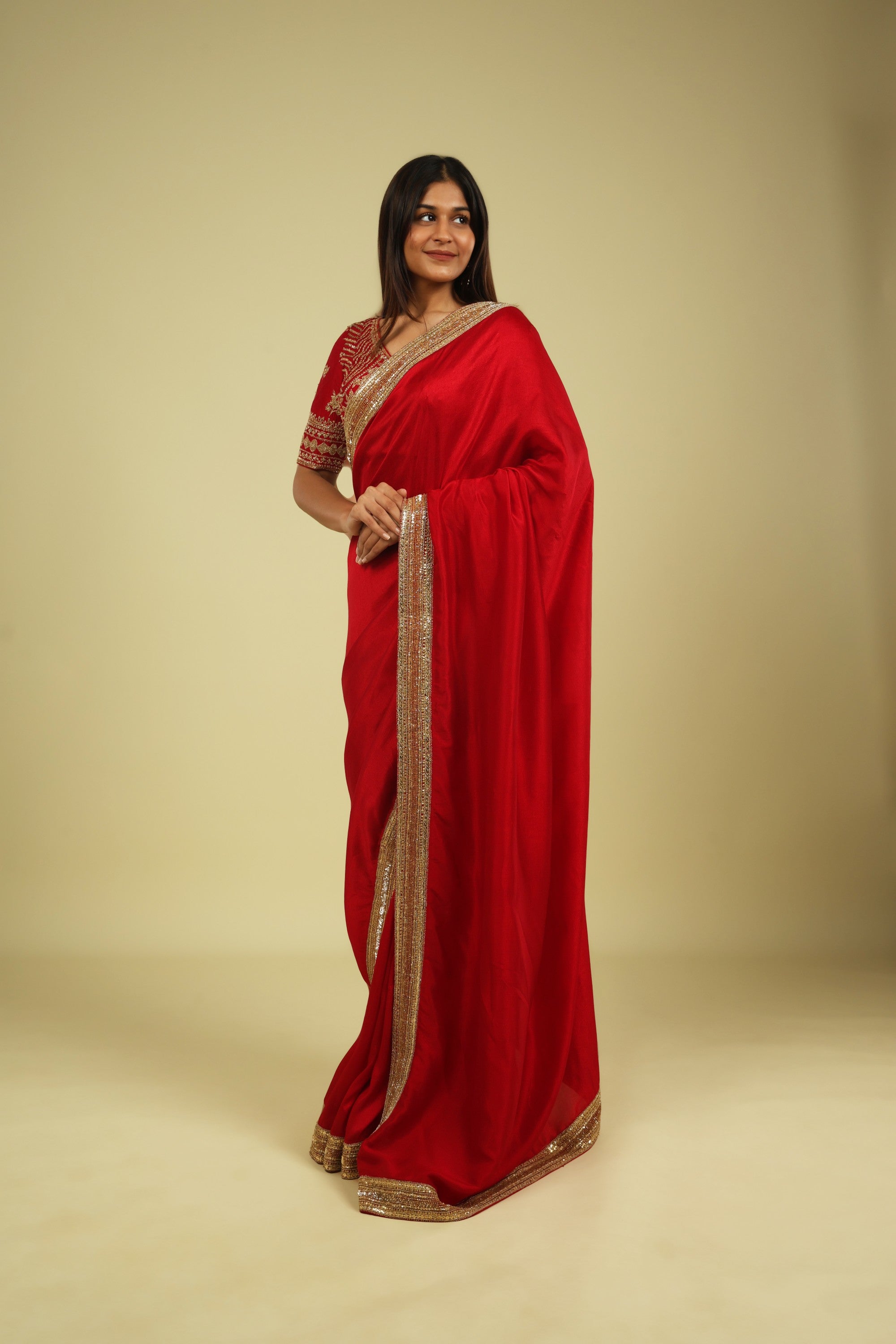 Red Tussar Georgette Saree with Bead & Sequin Border - Mokshaa