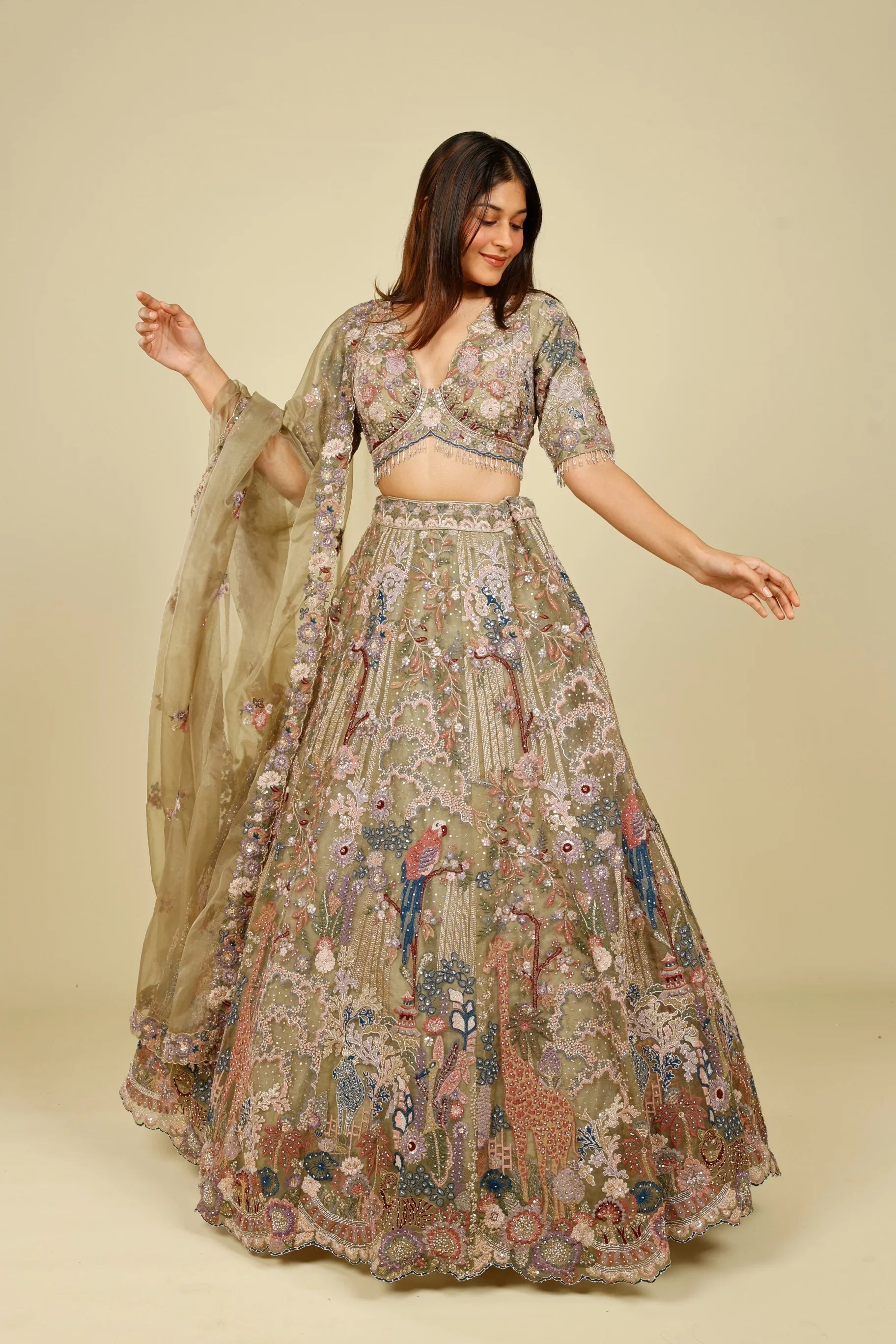 Olive Green Organza Embroidered Lehenga with Multicolour Zari, Sequins & Pearl Work - Mokshaa