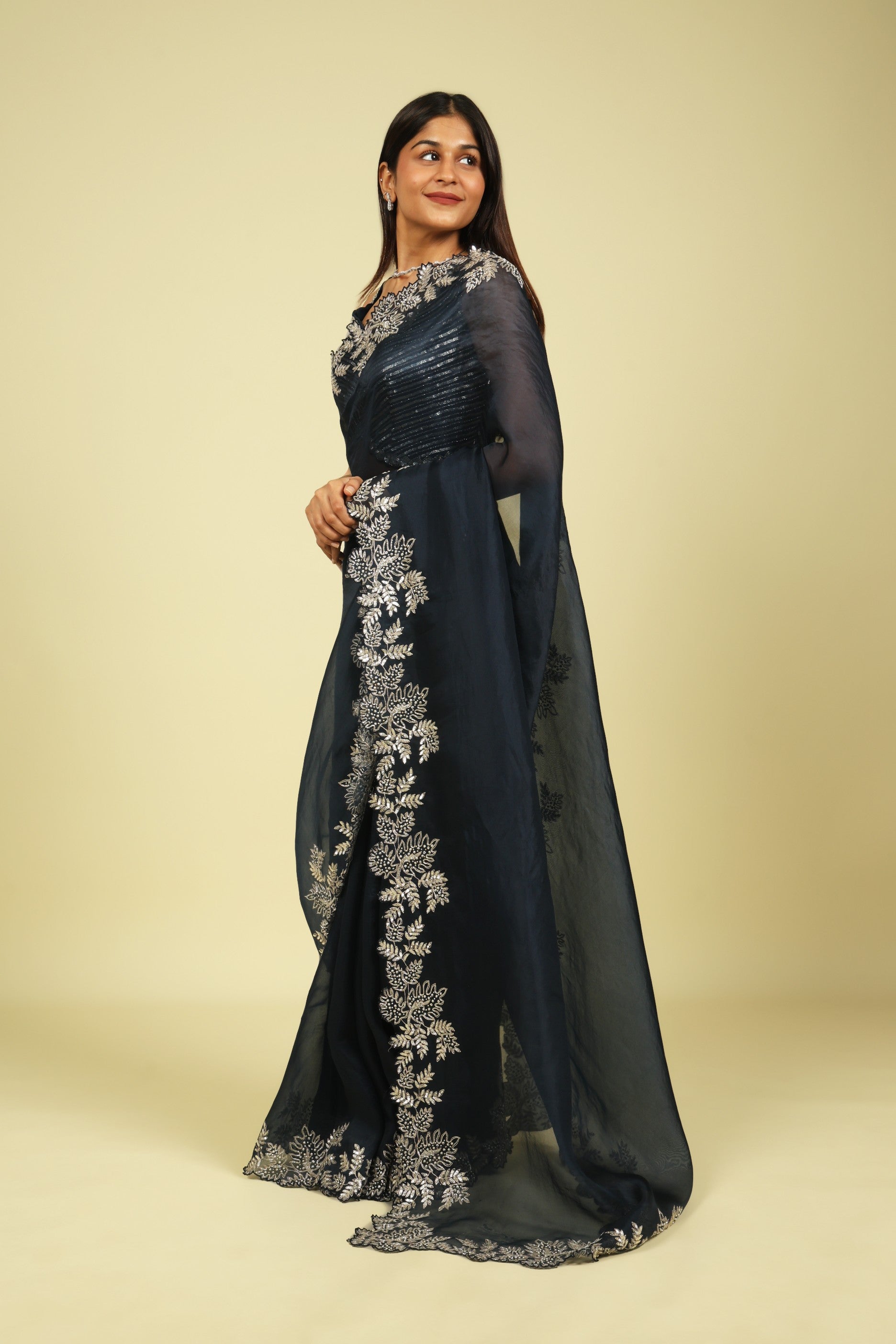 Navy Blue Organza Saree with Aari Beads, Sequins & Fancy Cut Border - Mokshaa