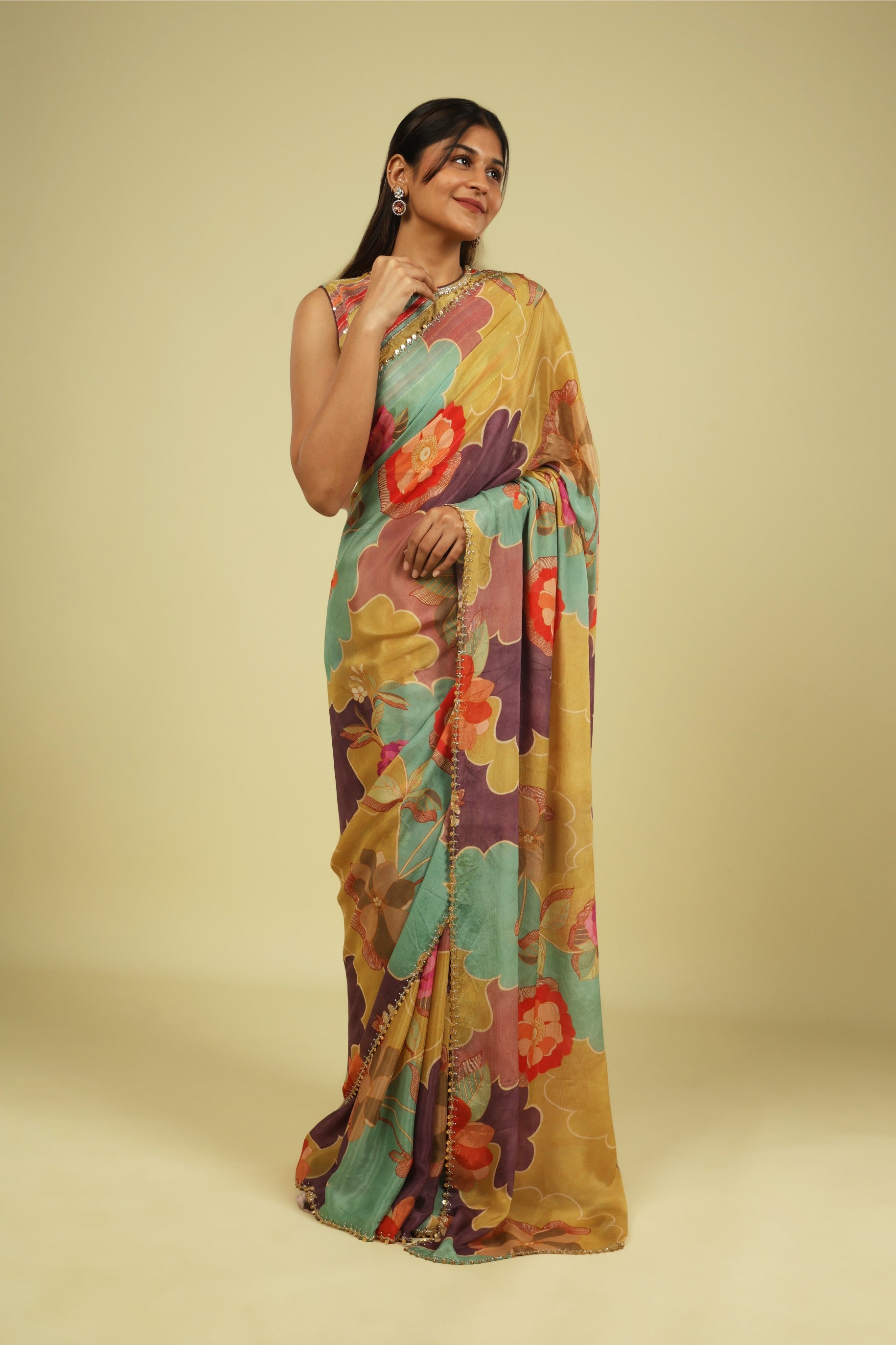 Multicolour Silky Georgette Saree with Digital Print & Bead-Sequin Border - Mokshaa