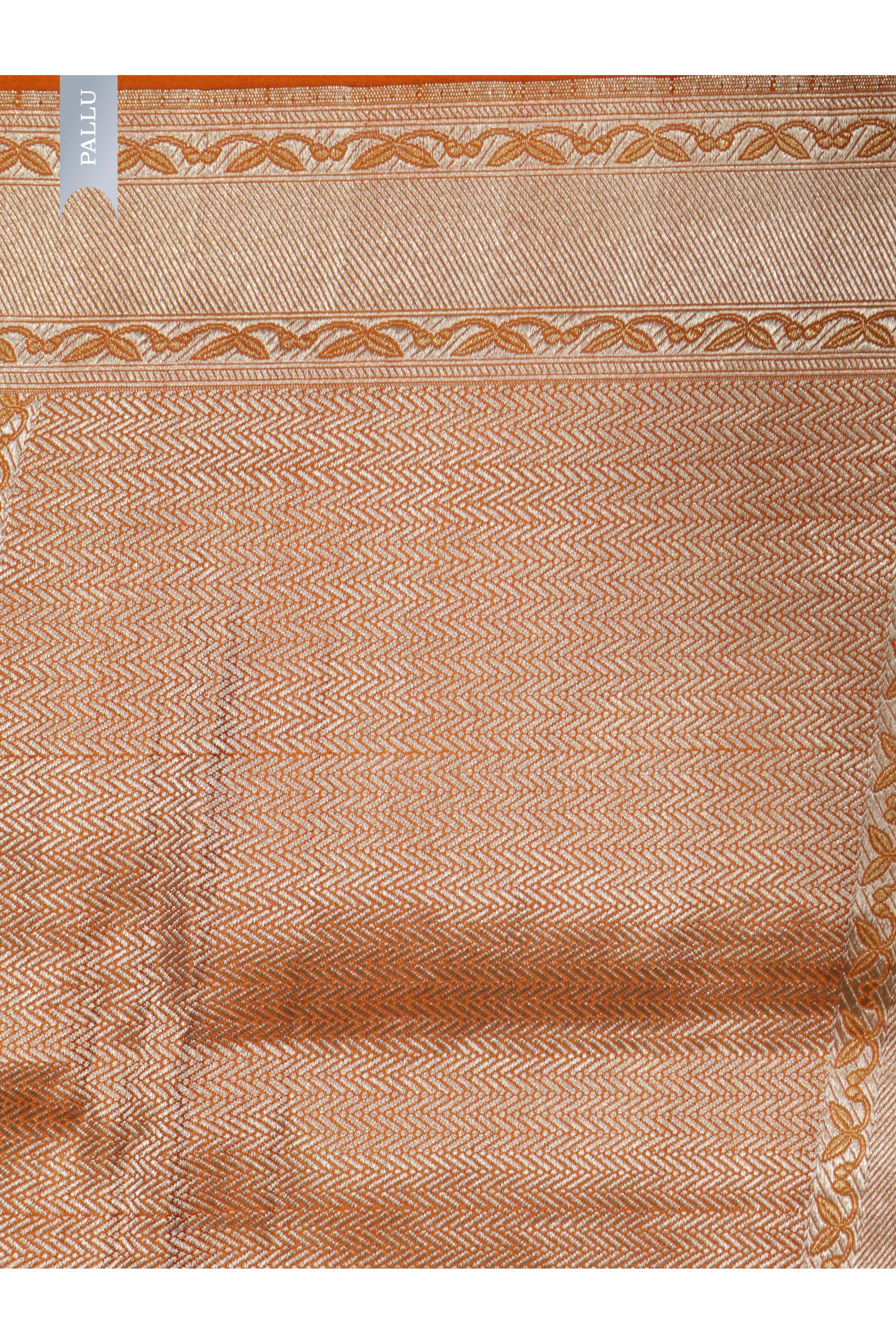 Orange Banarasi Mushroom Silk Saree with Silver Zari Motifs & Silver Zari Border - Mokshaa