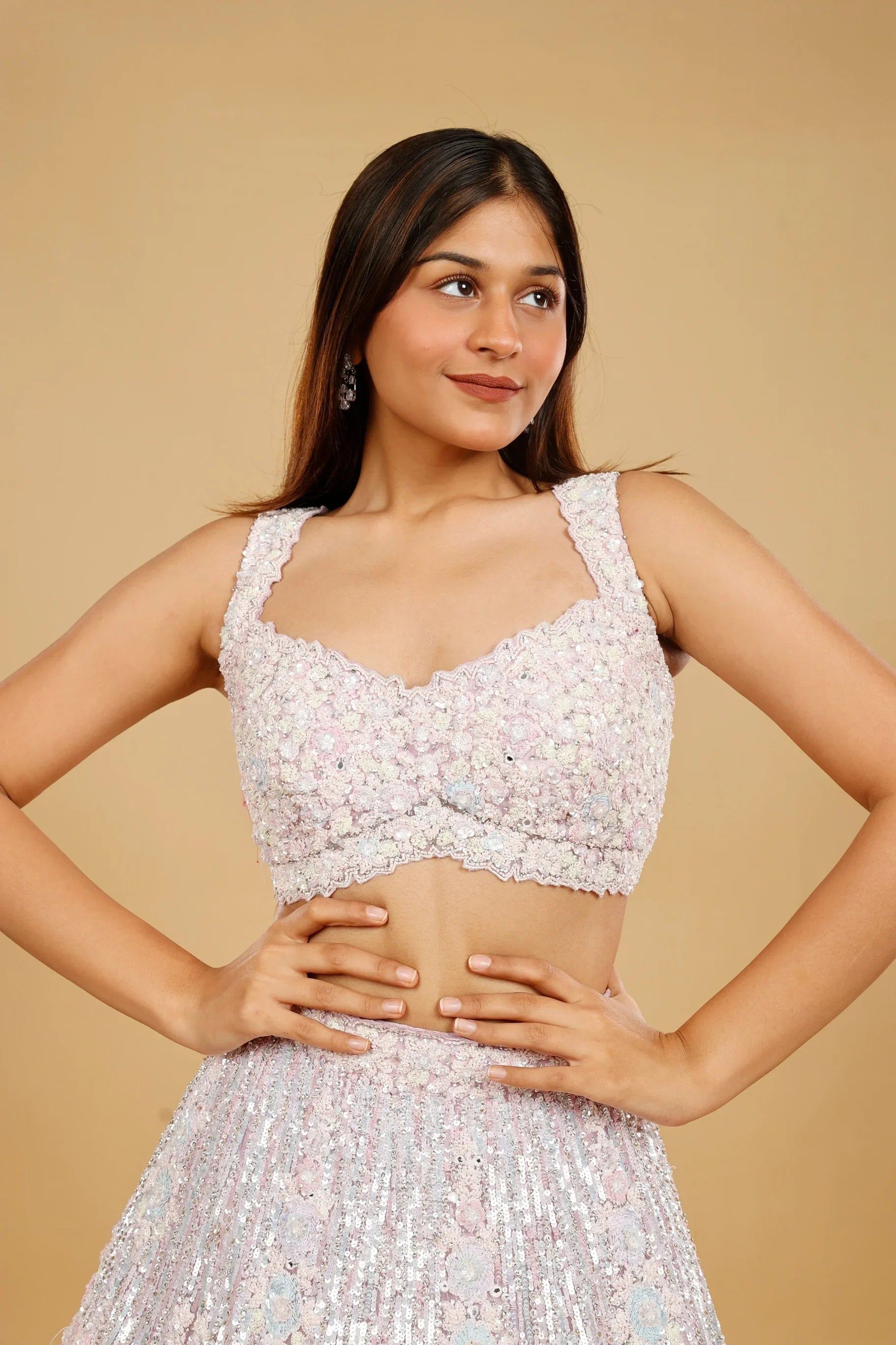 Pink Net Lehenga Set with Multi-Colour Sequin, Pearl & Stone Embroidery - Mokshaa