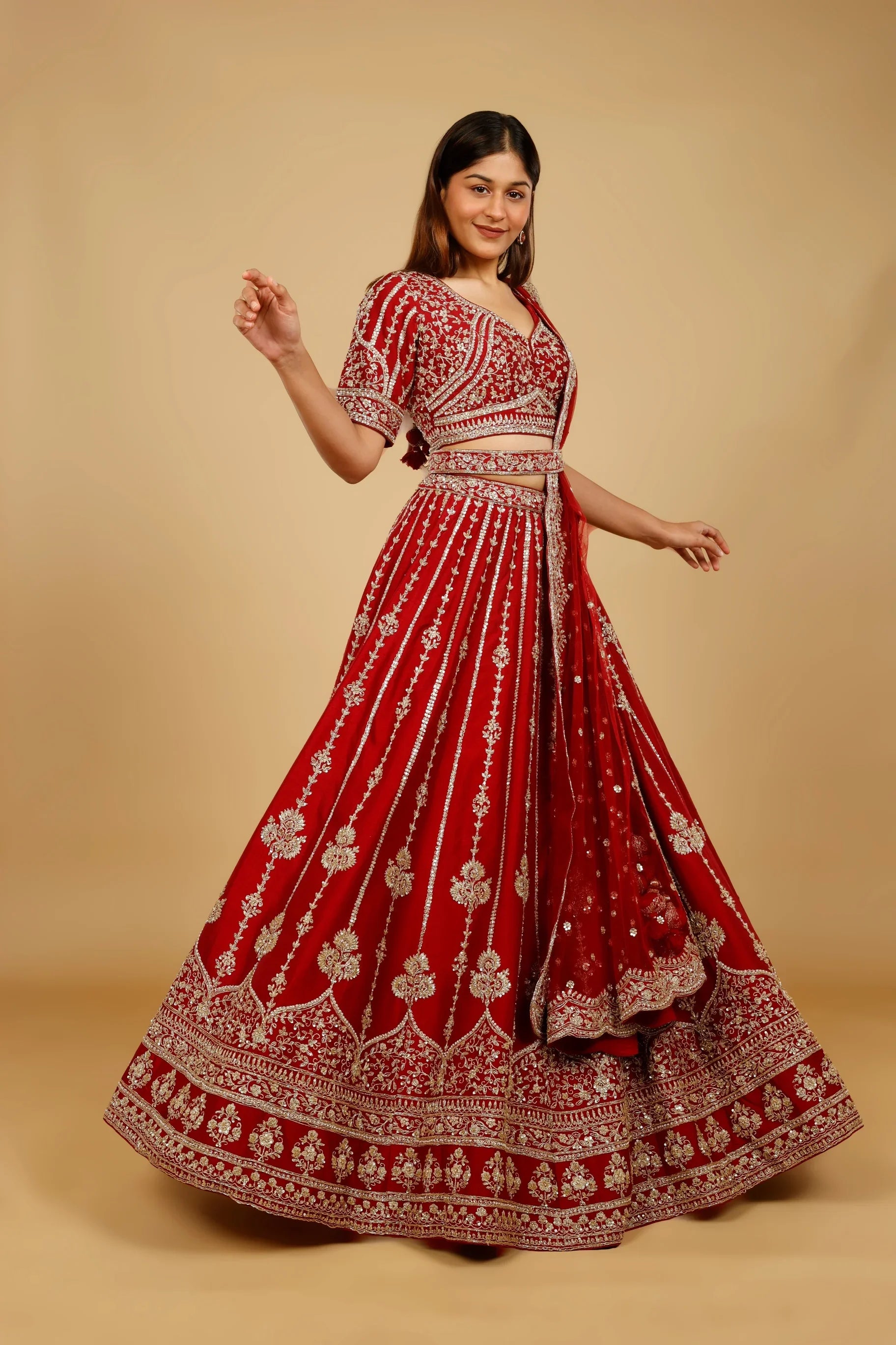 Maroon Raw Silk Bridal Lehenga Set with Zari, Sequin & Pearl Embroidery - Mokshaa