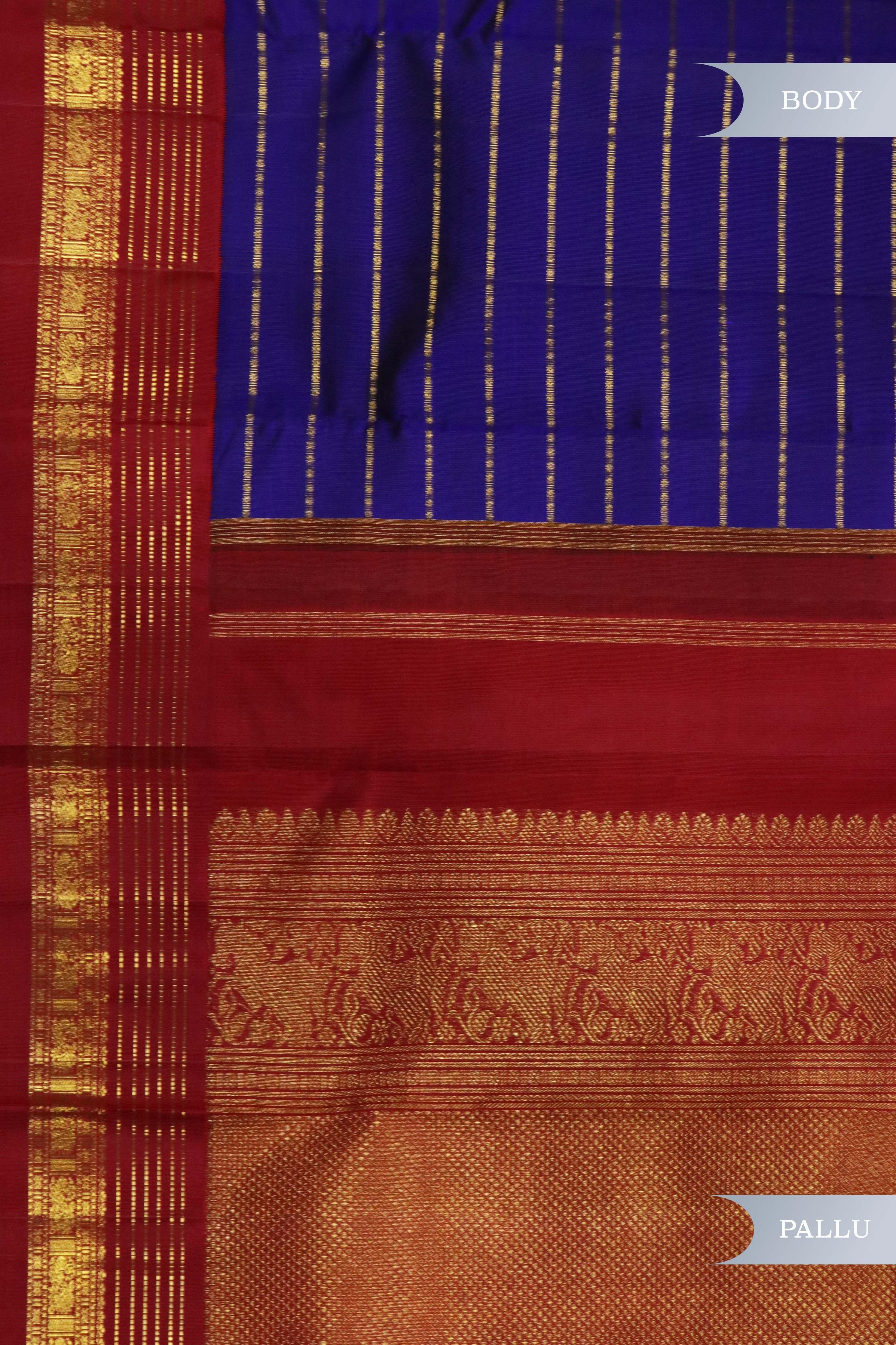 Royal Blue Kanchipuram Silk Saree with Zari Stripes and Contrast Border - Mokshaa
