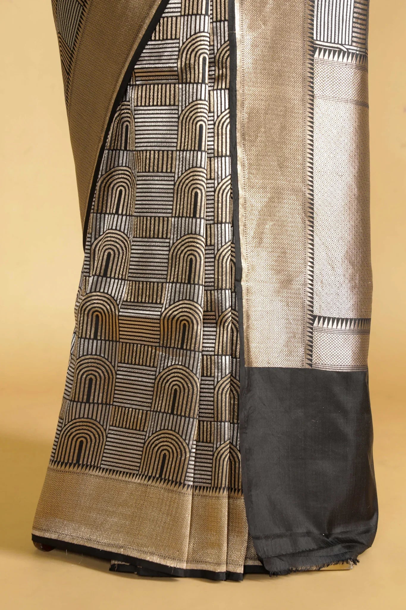 Black Banarasi Silk Saree with Gold & Silver Zari Box Weaving - Mokshaa