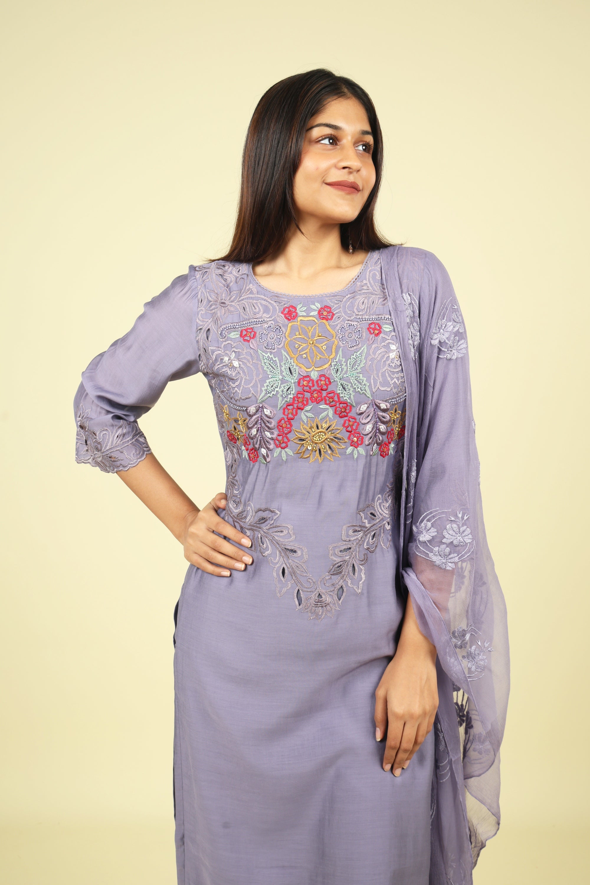 Violet Embroidered Mul Chanderi Salwar Suit - Mokshaa