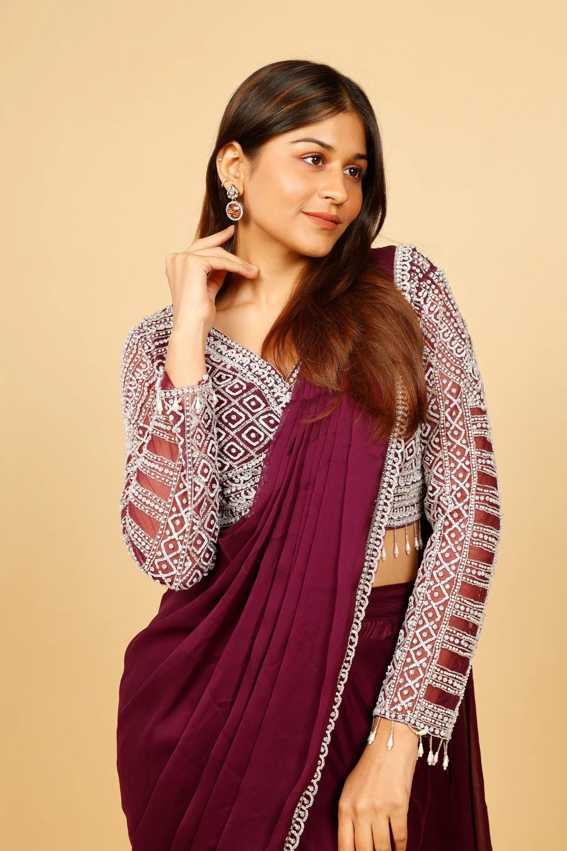 Plum Chinon Drape Saree with Sequin & Stone Embroidered Blouse - Mokshaa