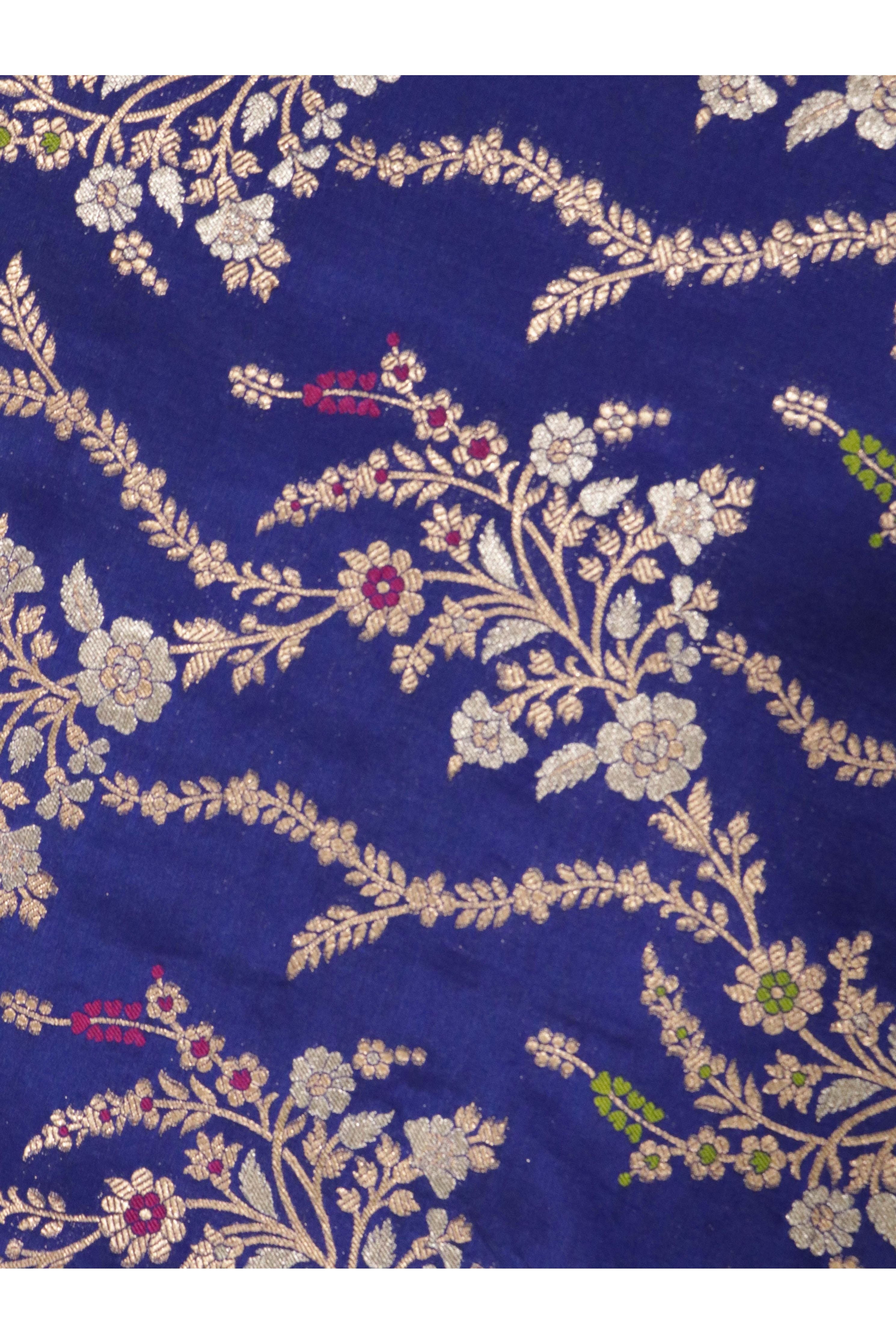 Ink Blue Banarasi Silk Saree with Zari Weaving & Meenakari Thread Work - Mokshaa