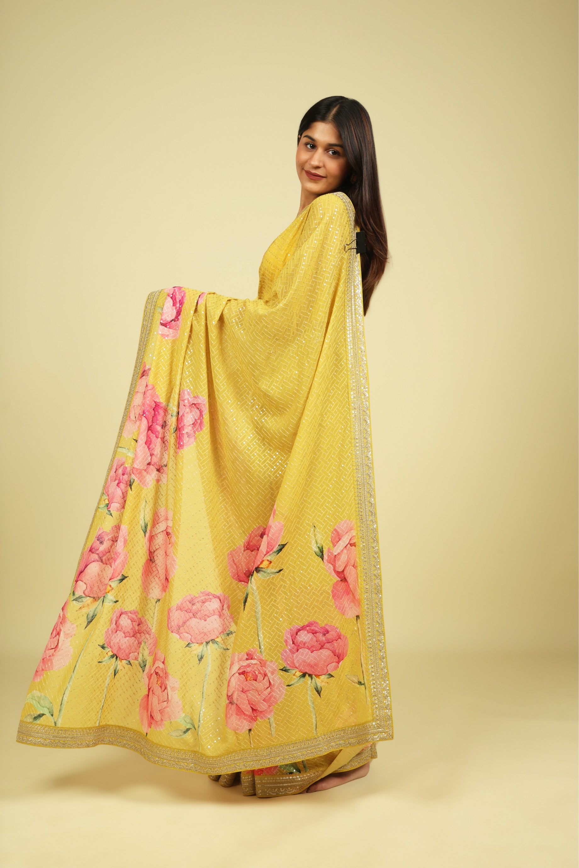 Lime Yellow Georgette Saree with Thread & Sequin Work and Digital Print Border - Mokshaa