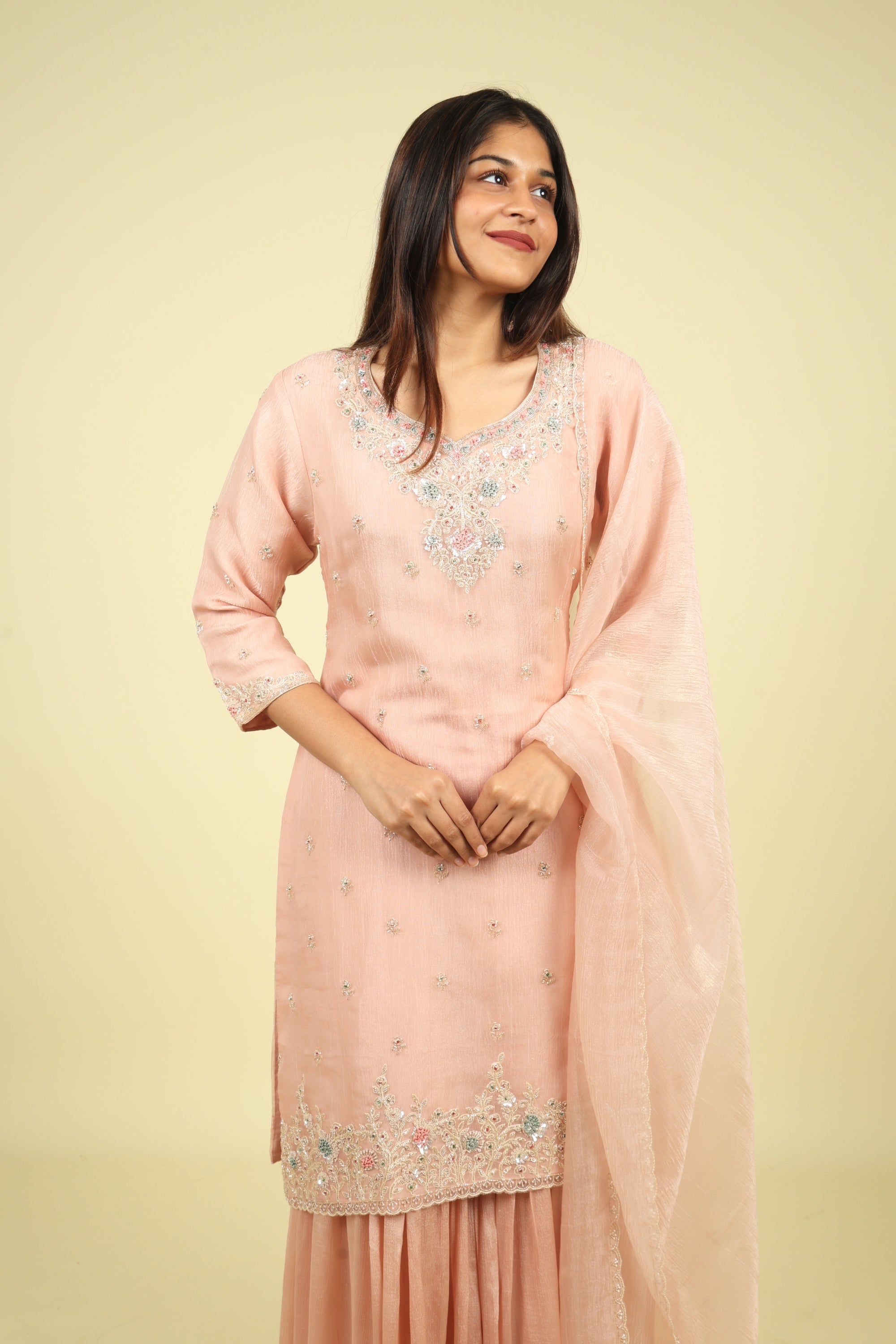 Pink Embroidered Crush Tissue Sharara Set - Mokshaa