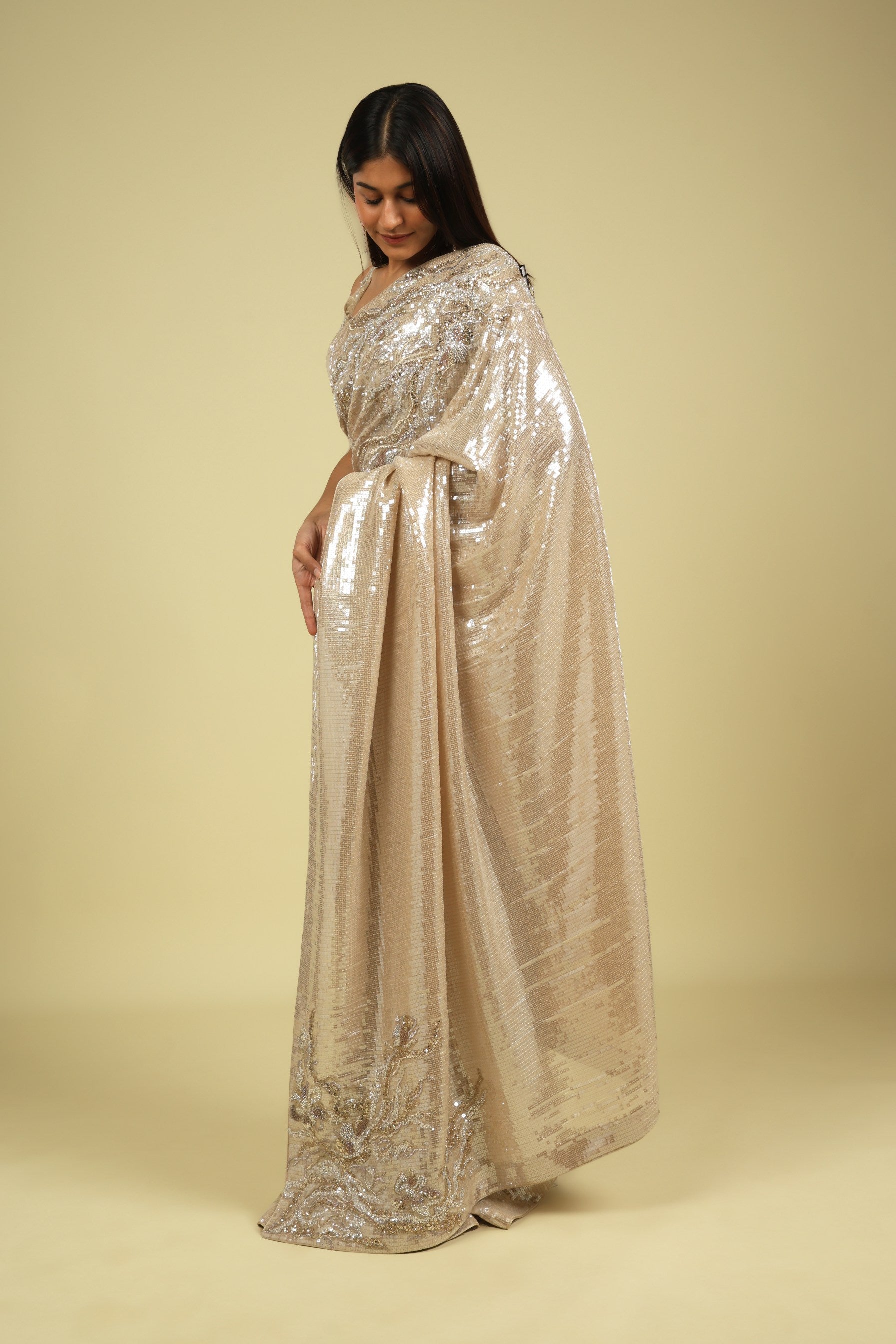 Beige Net Saree with All-Over Self Sequins & Fancy Sequin Border - Mokshaa