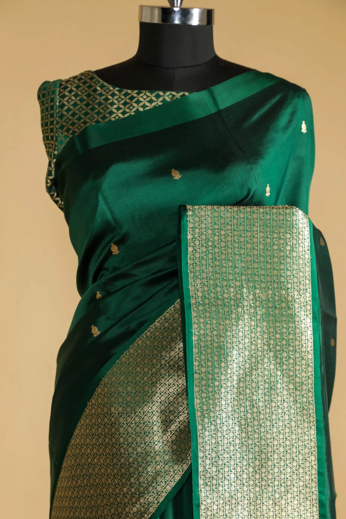 Bottle Green Banarasi Silk Saree with All-Over Buttas & Zari Border - Mokshaa