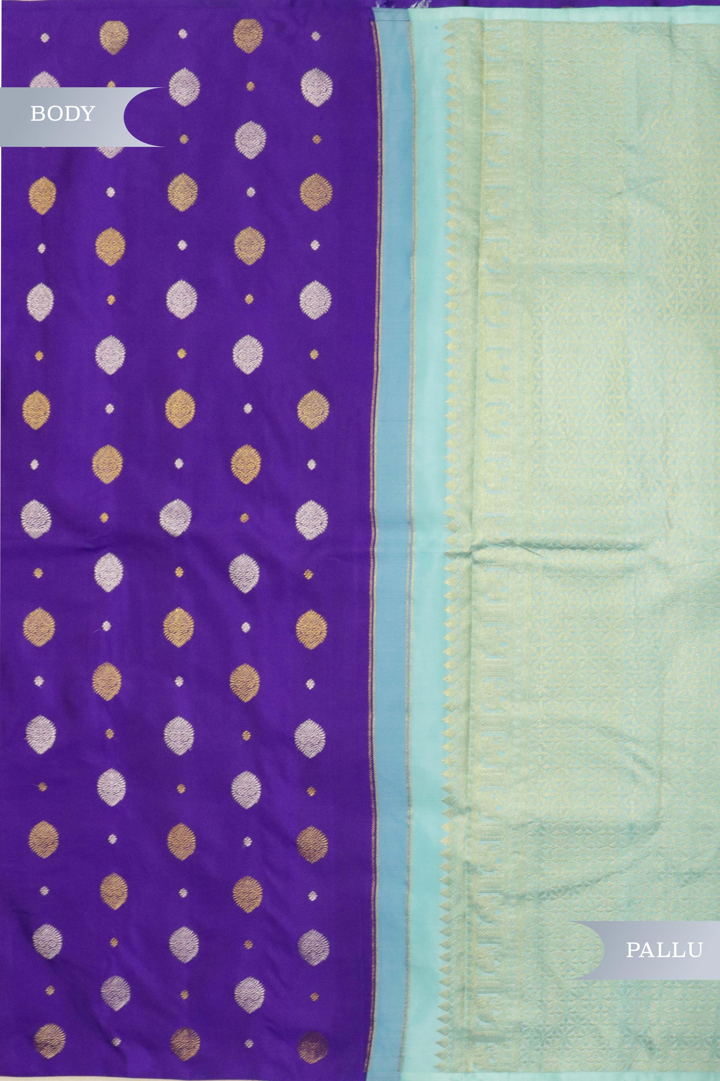 Ink Blue Kanchipuram Silk Saree with Gold & Silver Motifs and Contrast Light Blue Pallu - Mokshaa
