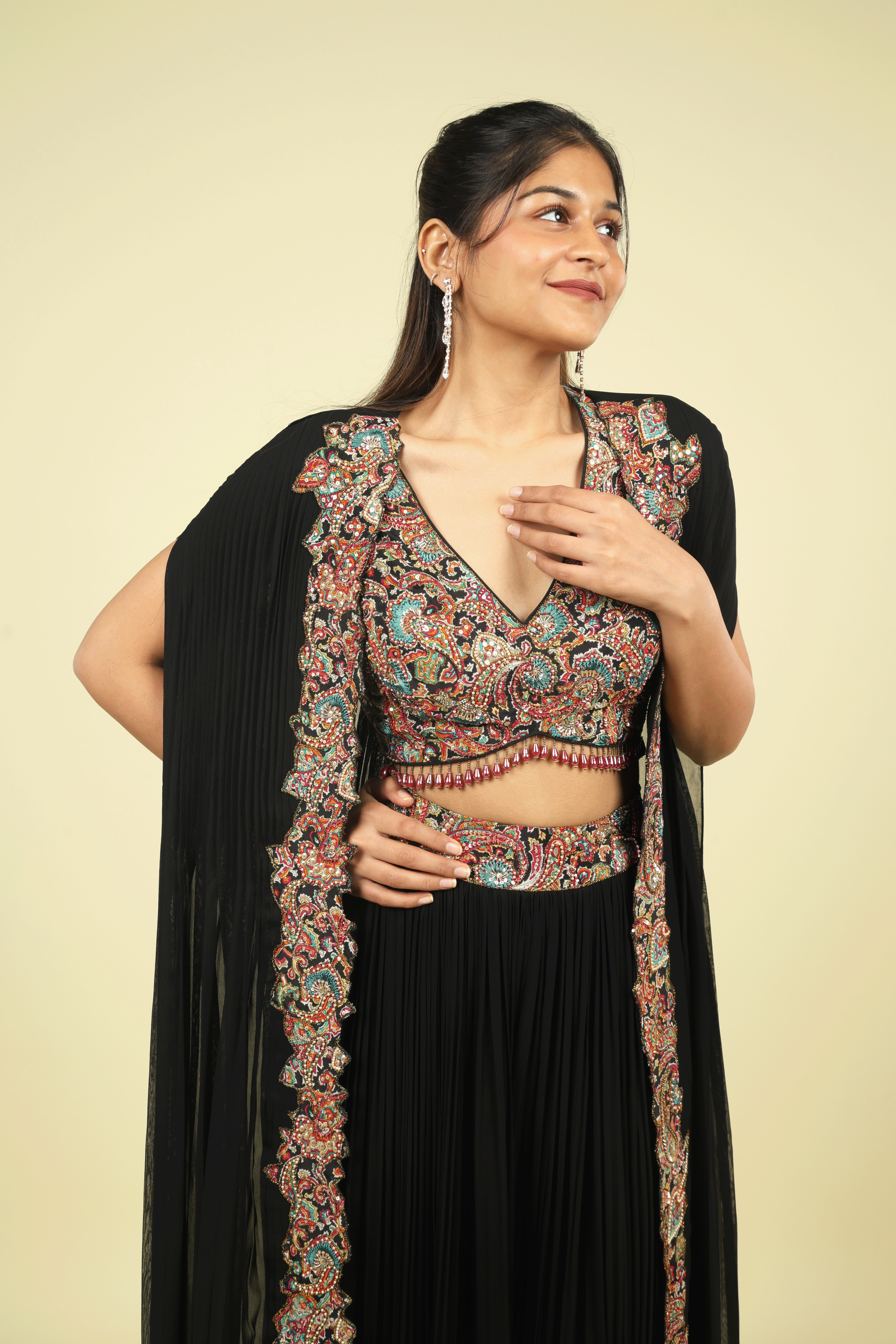 Black Georgette Crop Top Palazzo Set with Embroidered Cape - Mokshaa