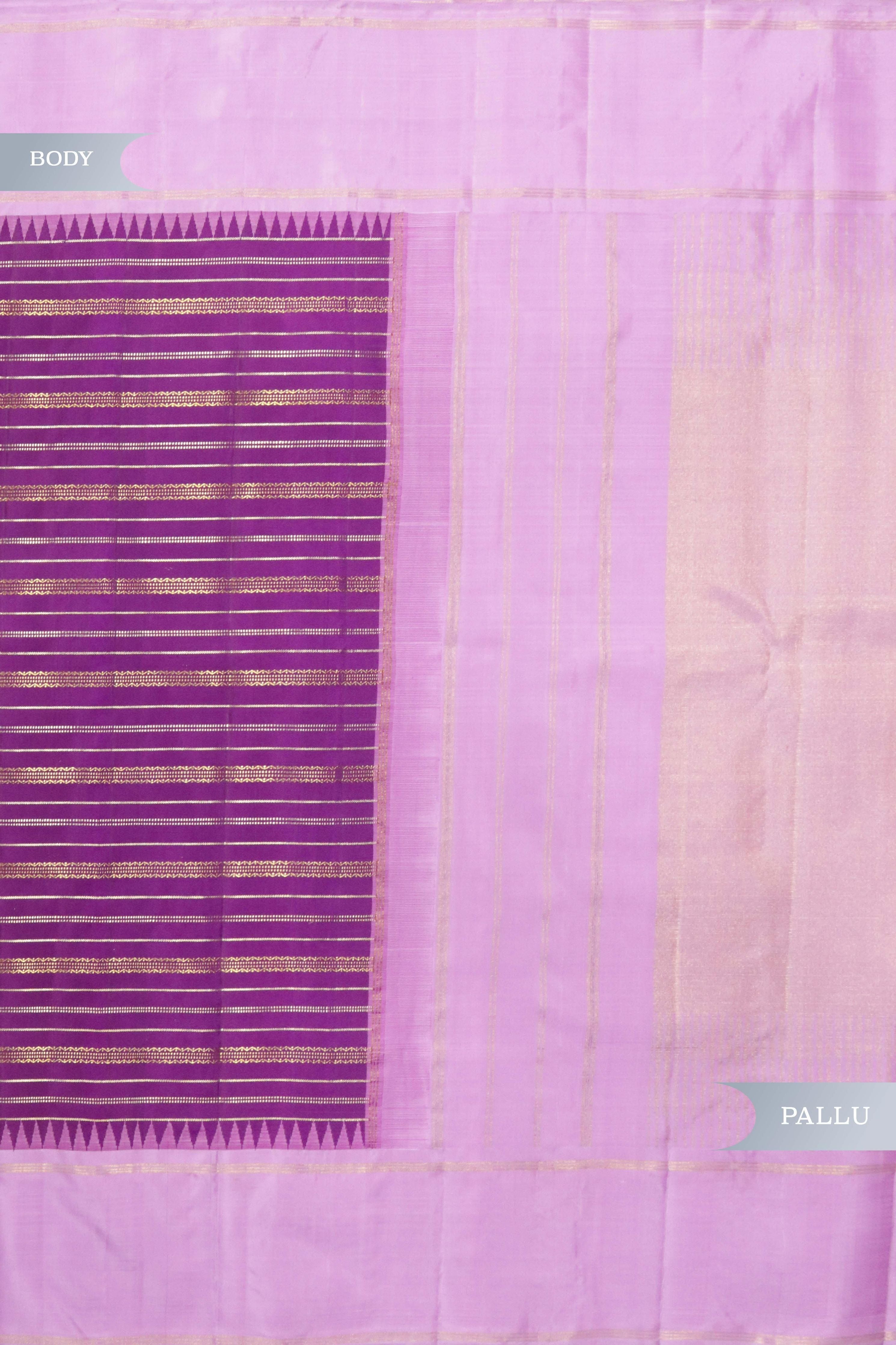 Purple Kanchipuram Silk Saree with Gold & Silver Zari Stripes and Contrast Silk Border - Mokshaa