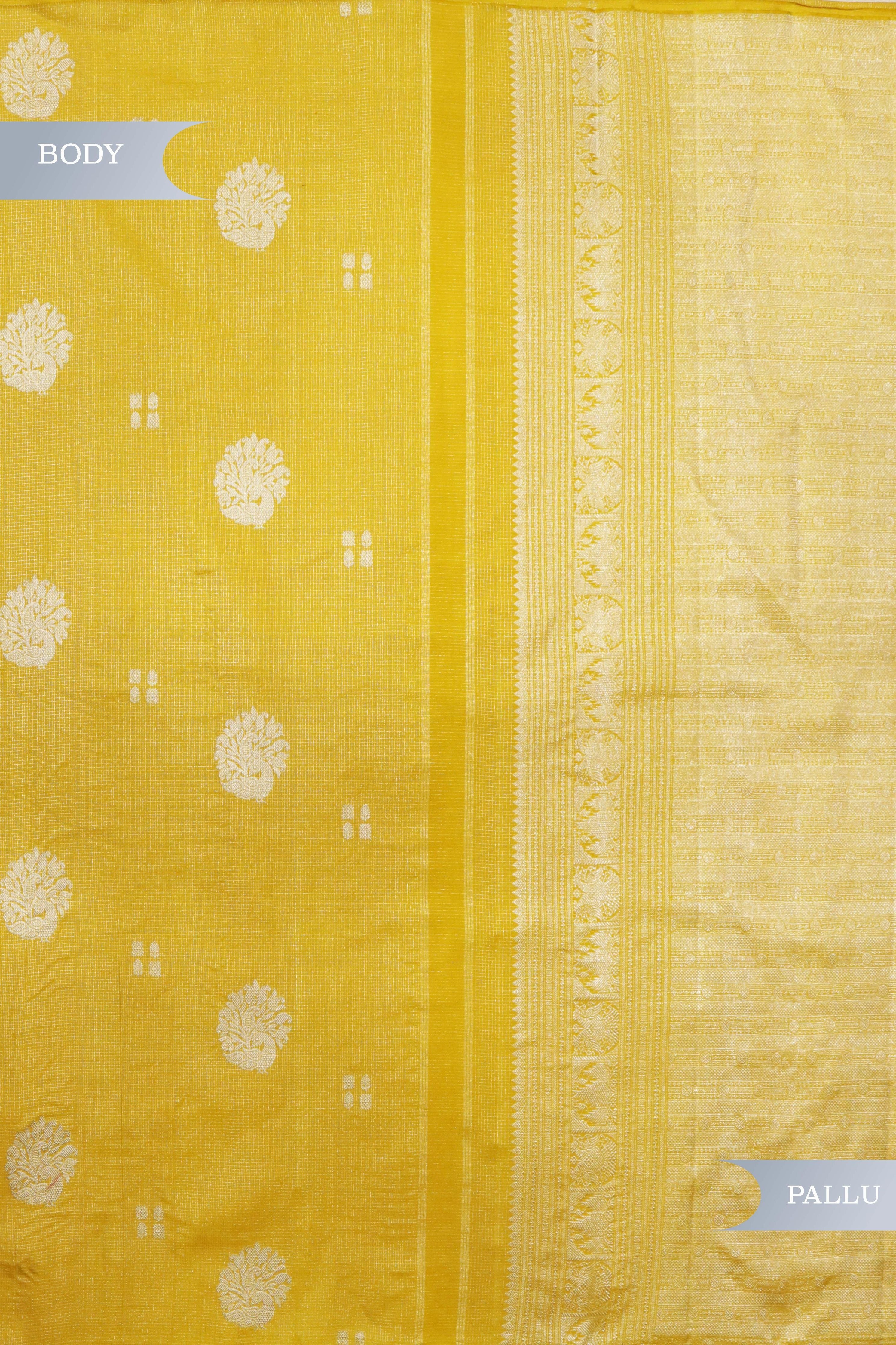 Yellow Kanchipuram Silk Saree with Small Silver Zari Checks & Motifs - Mokshaa