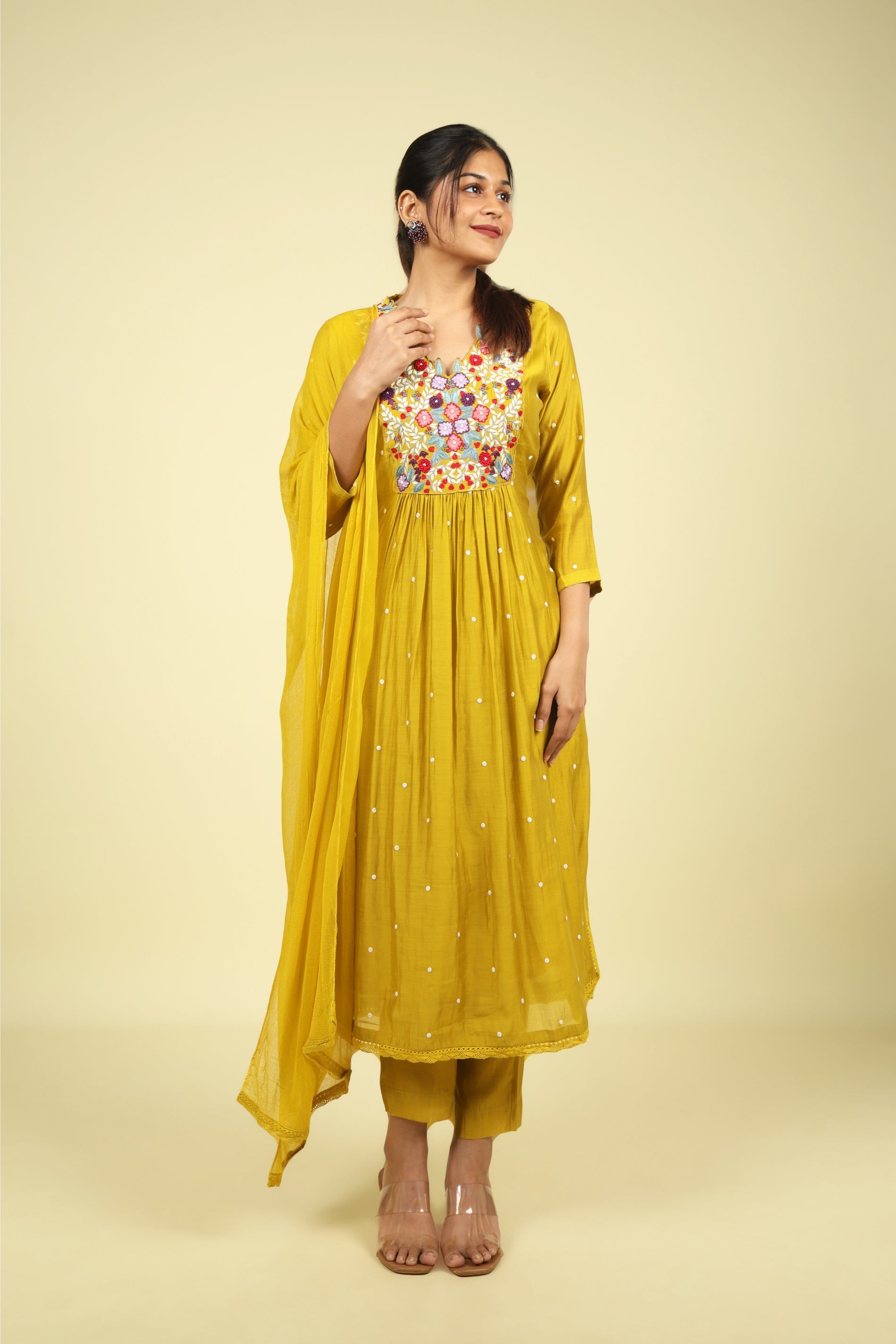Yellow Mul Chanderi Straight Cut Salwar Set - Mokshaa
