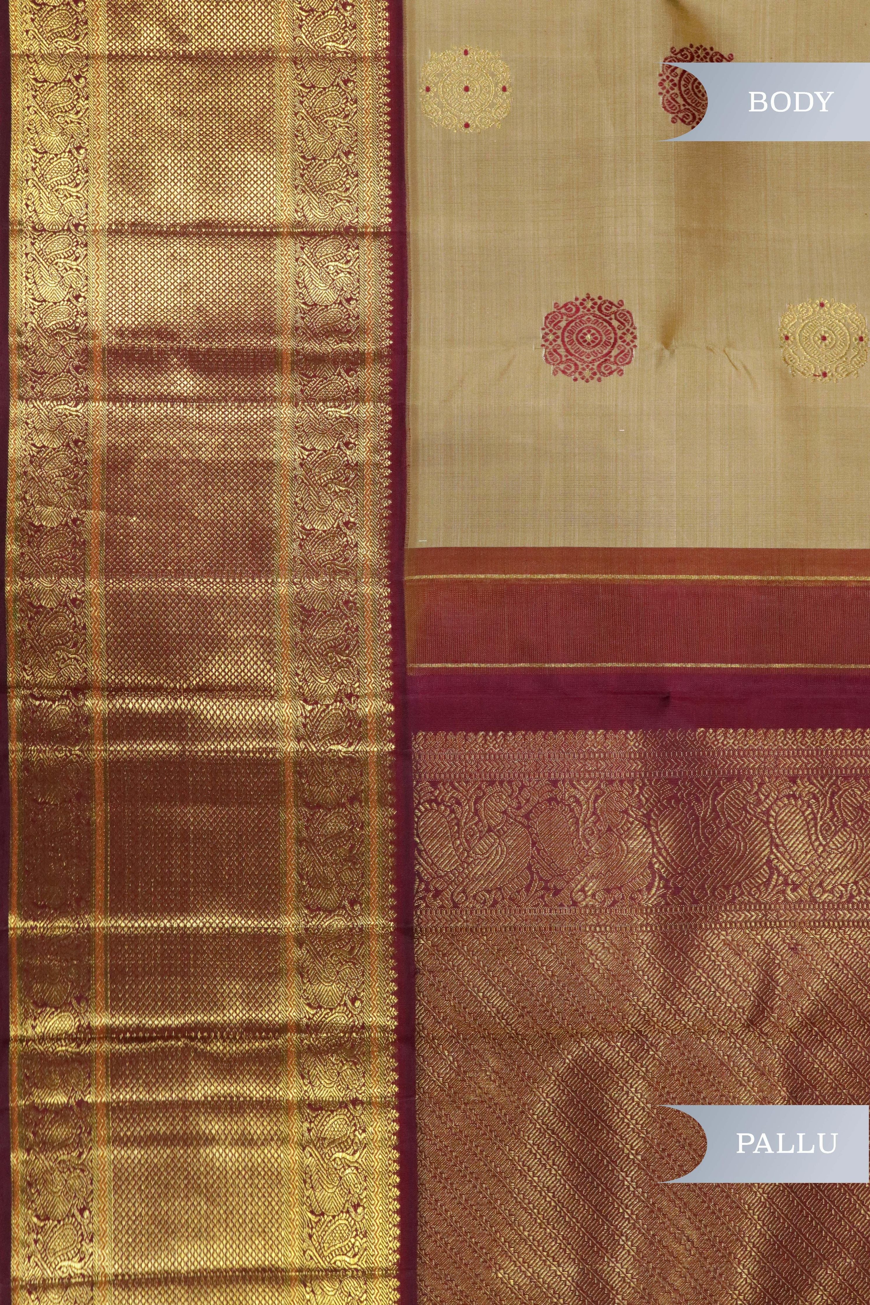 Beige Kanchipuram Silk Saree with Zari & Thread Motifs and Contrast Zari Border - Mokshaa