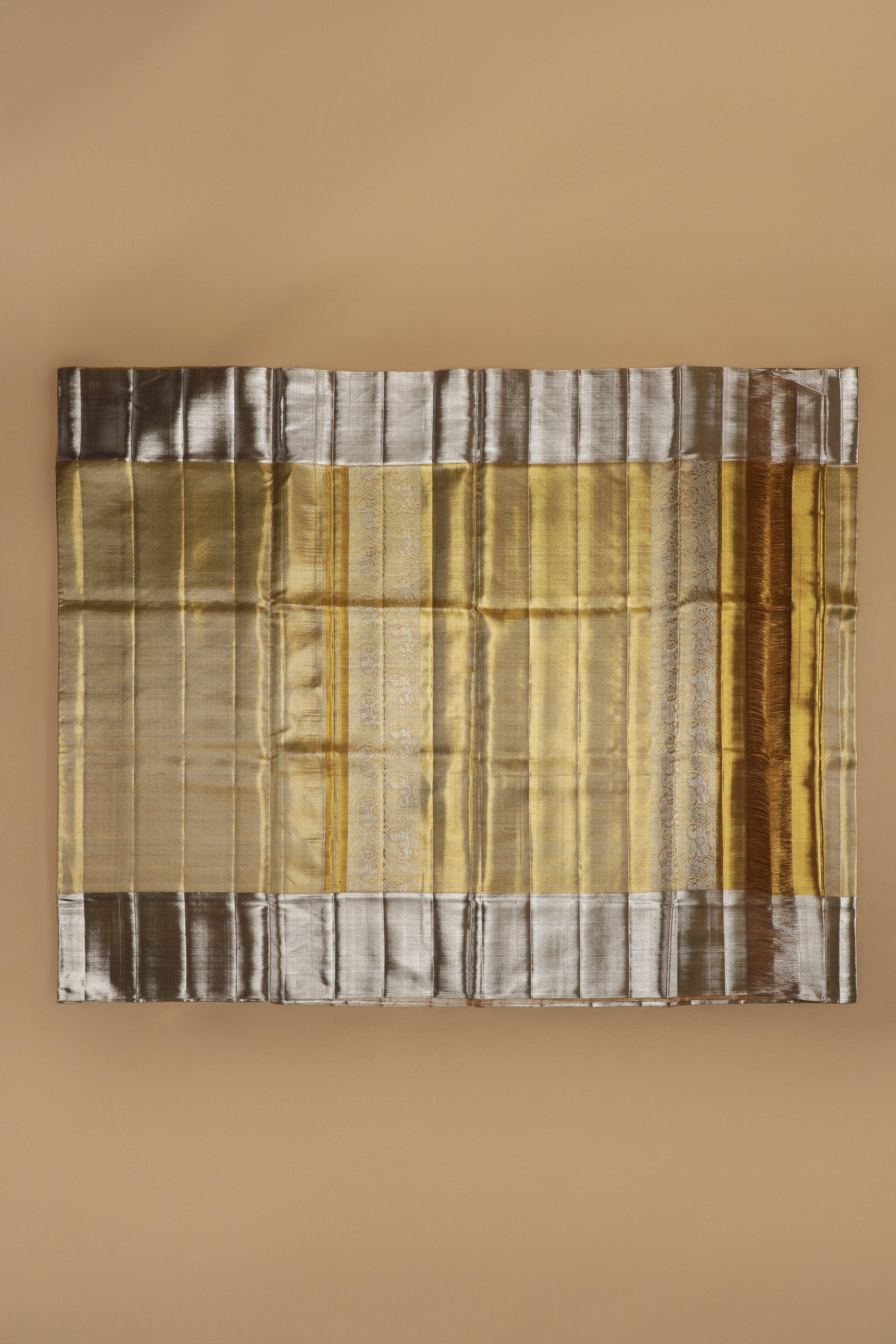 Gold and Silver Tissue Silk Saree with Contrast Silver Tissue Border - Mokshaa