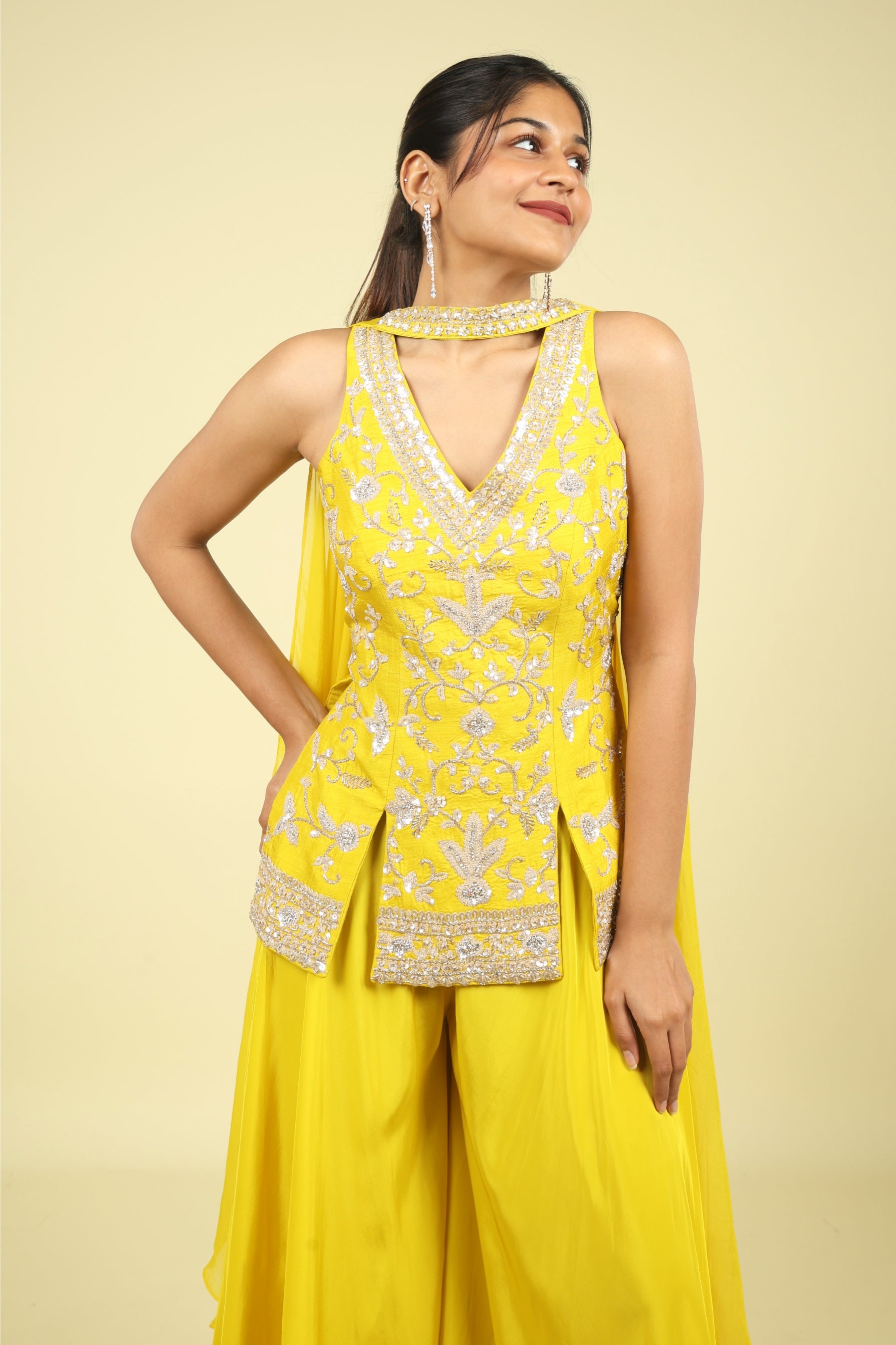 Yellow Silk Embroidered Palazzo Set with Organza Choker Dupatta - Mokshaa