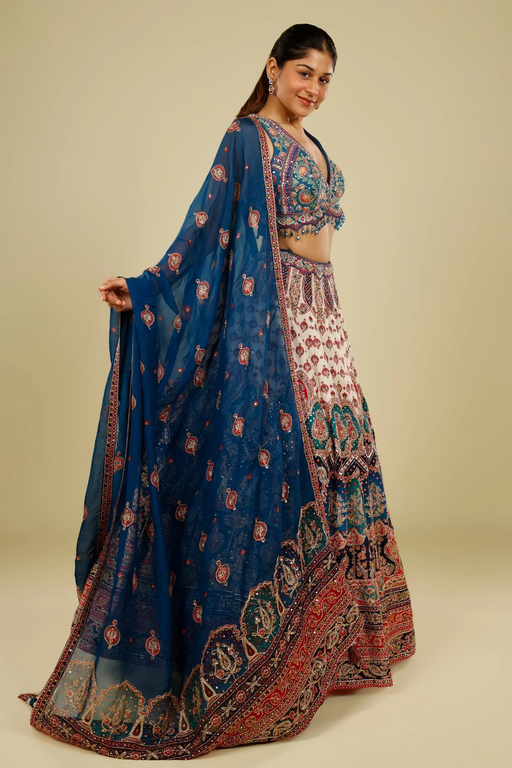 Blue Multicolour Printed Silk Lehenga Set with Zari, Sequin & Cutdana Highlights - Mokshaa