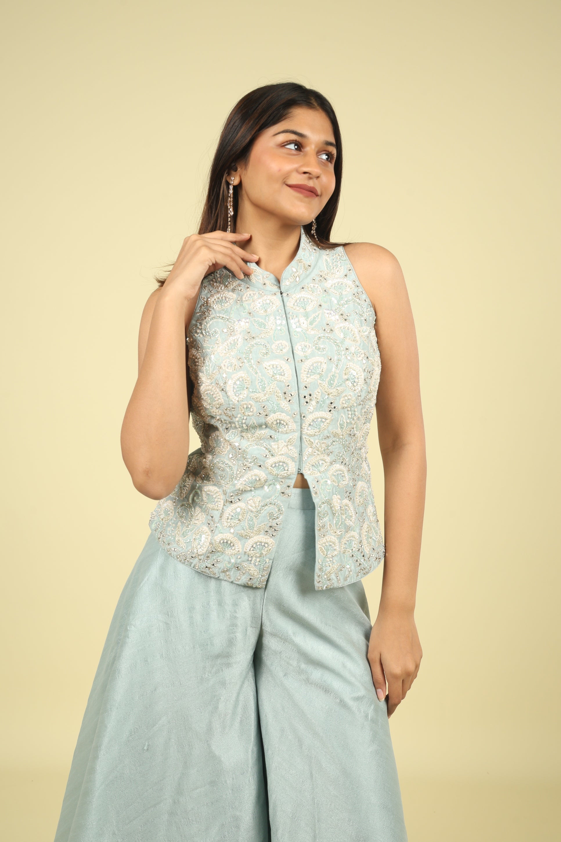 Blue Embroidered Silk Top With Palazzo - Mokshaa