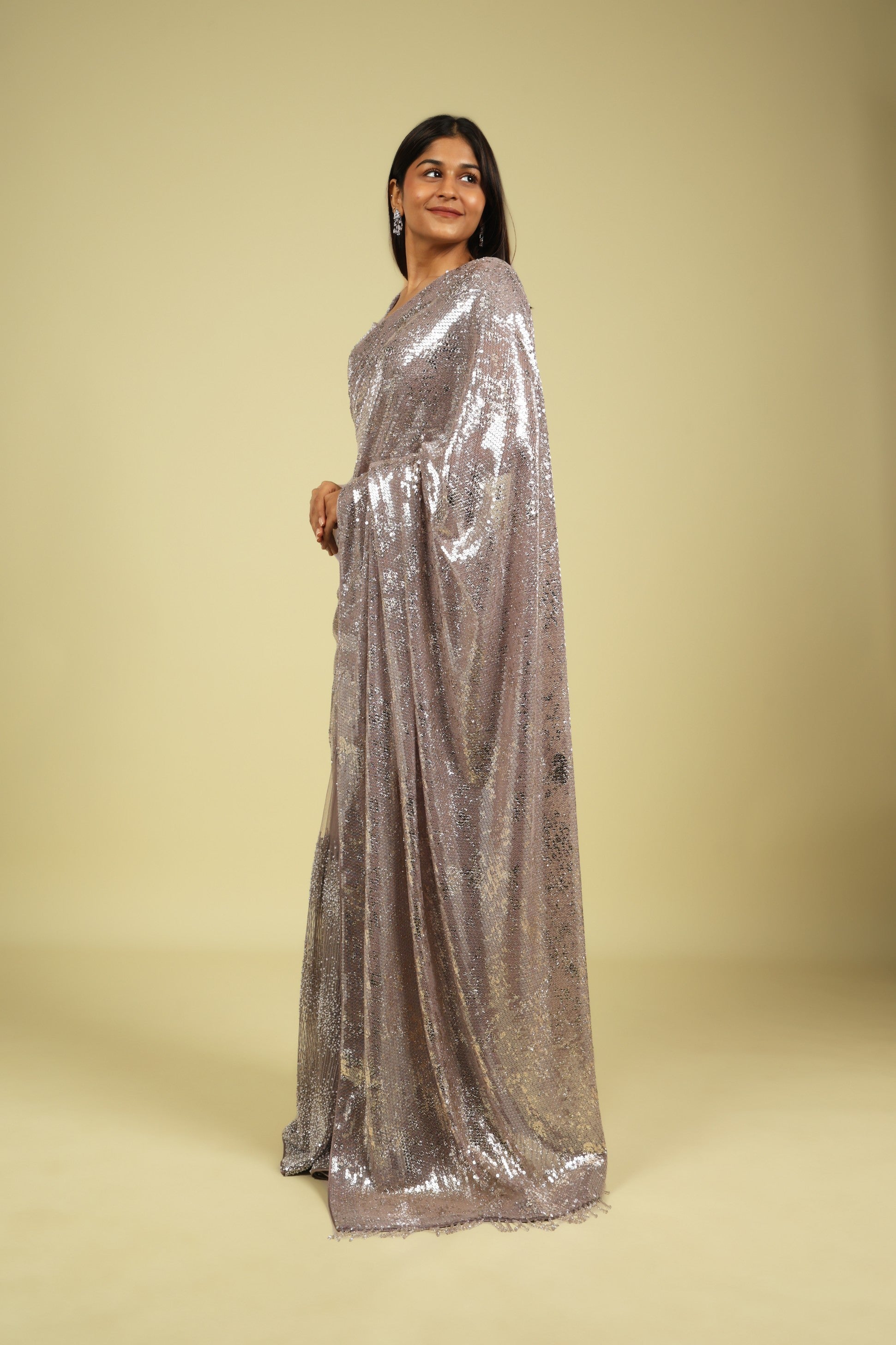 Lavender Half-and-Half Georgette & Net Saree with Sequin, Bead & Pearl Work - Mokshaa