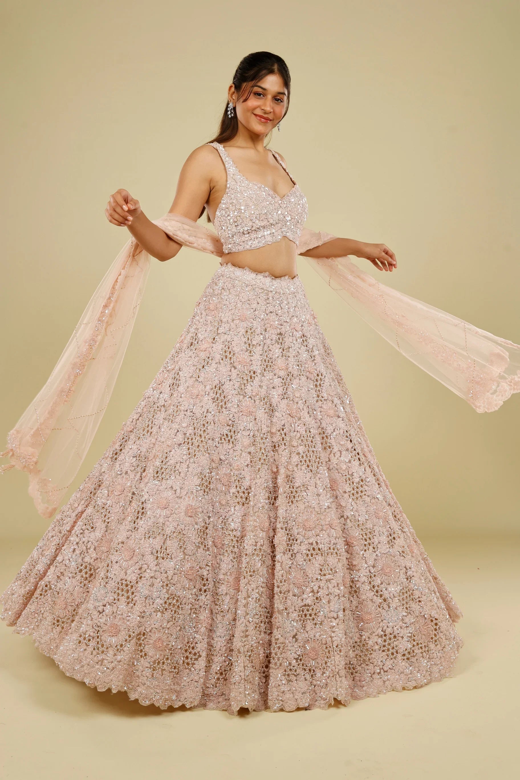 Blush Pink Net Cutwork Lehenga Set with Sequin, Stone & Pearl Embroidery - Mokshaa