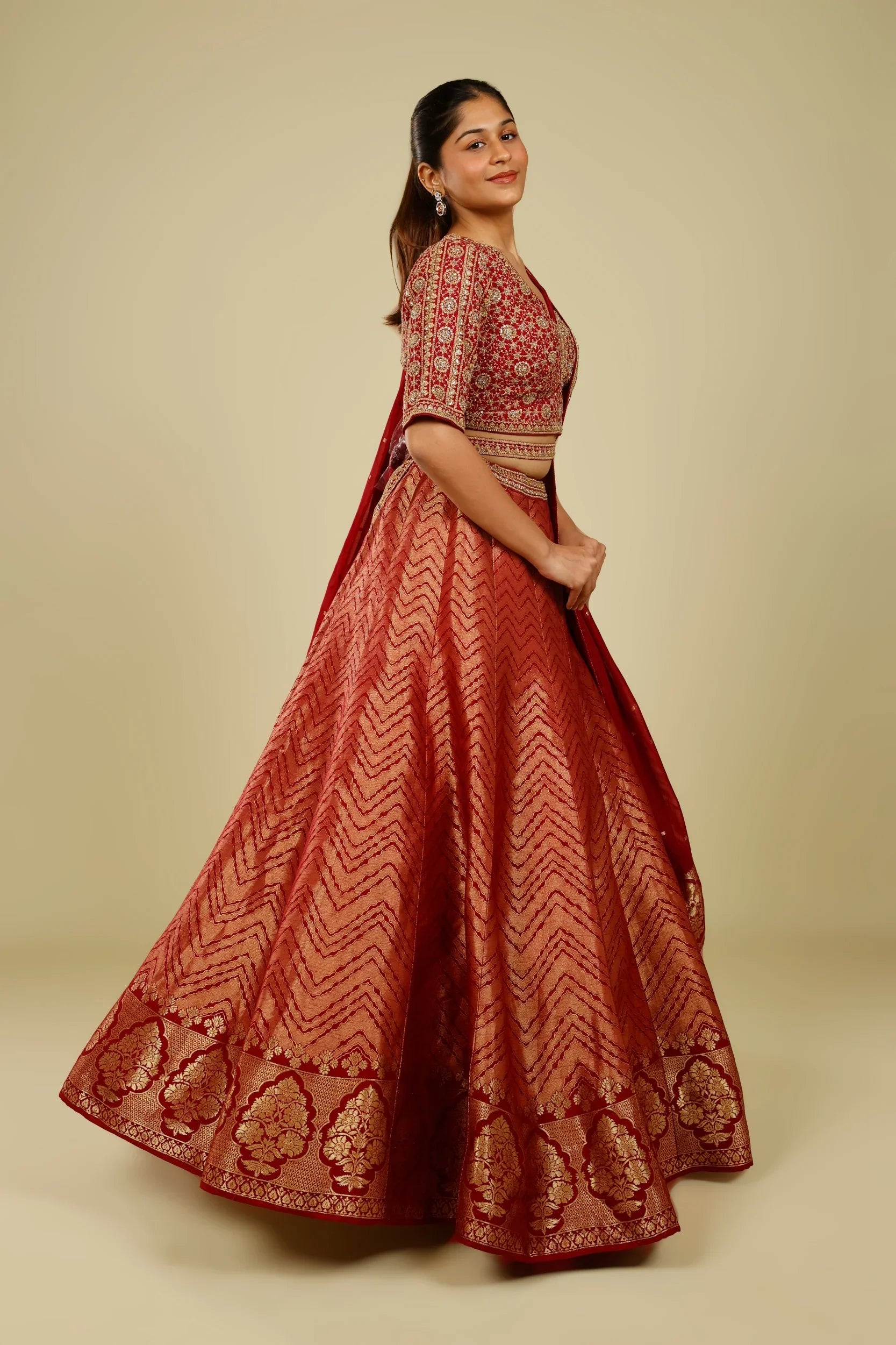 Maroon Banarasi Lehenga Set with Zari, French Knot & Cutdana Embroidery - Mokshaa