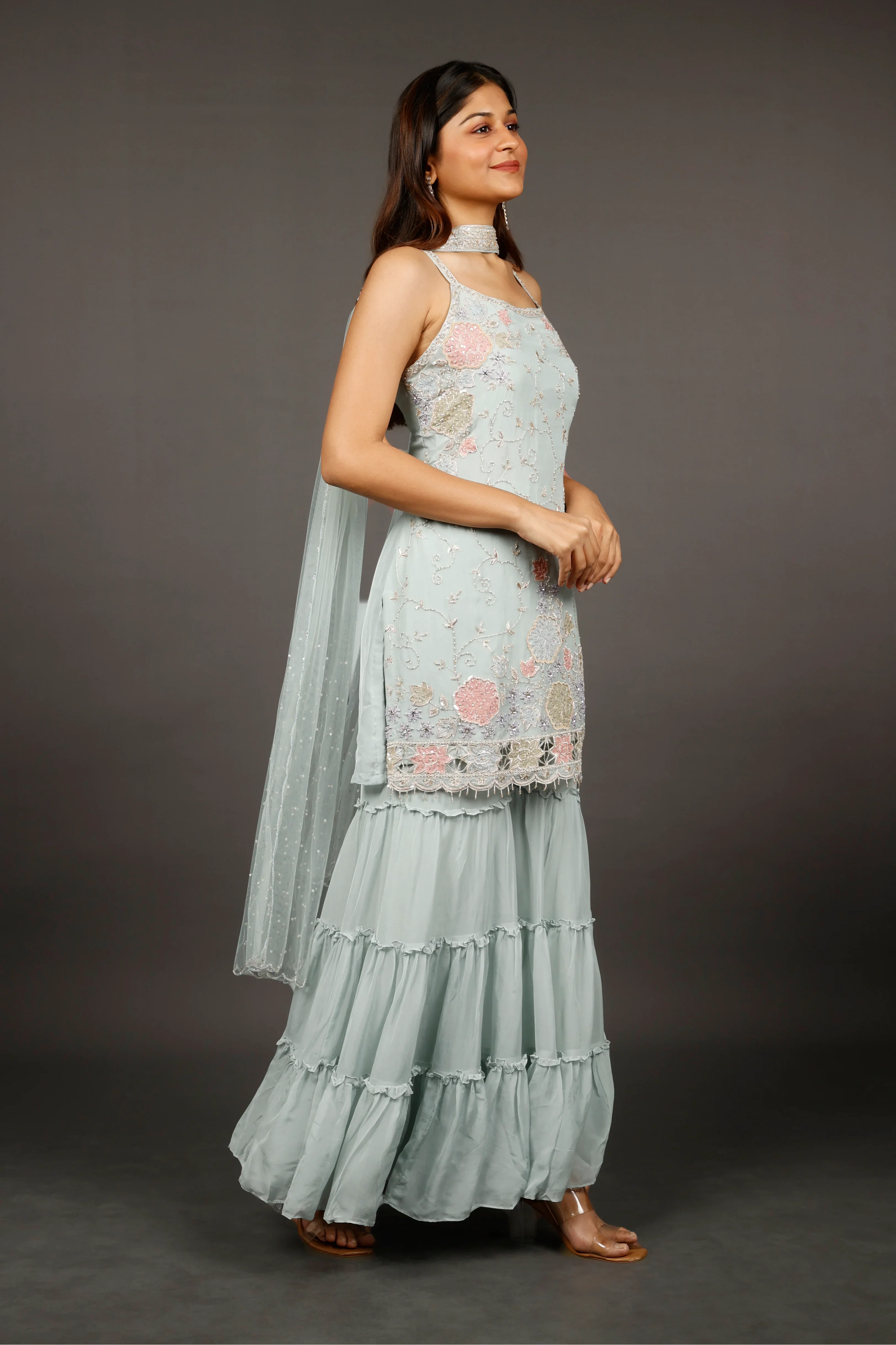 Light Blue Georgette Sharara Set with Shadow, Zari, Pearl, Cutdana & Sequin Embroidery - Mokshaa