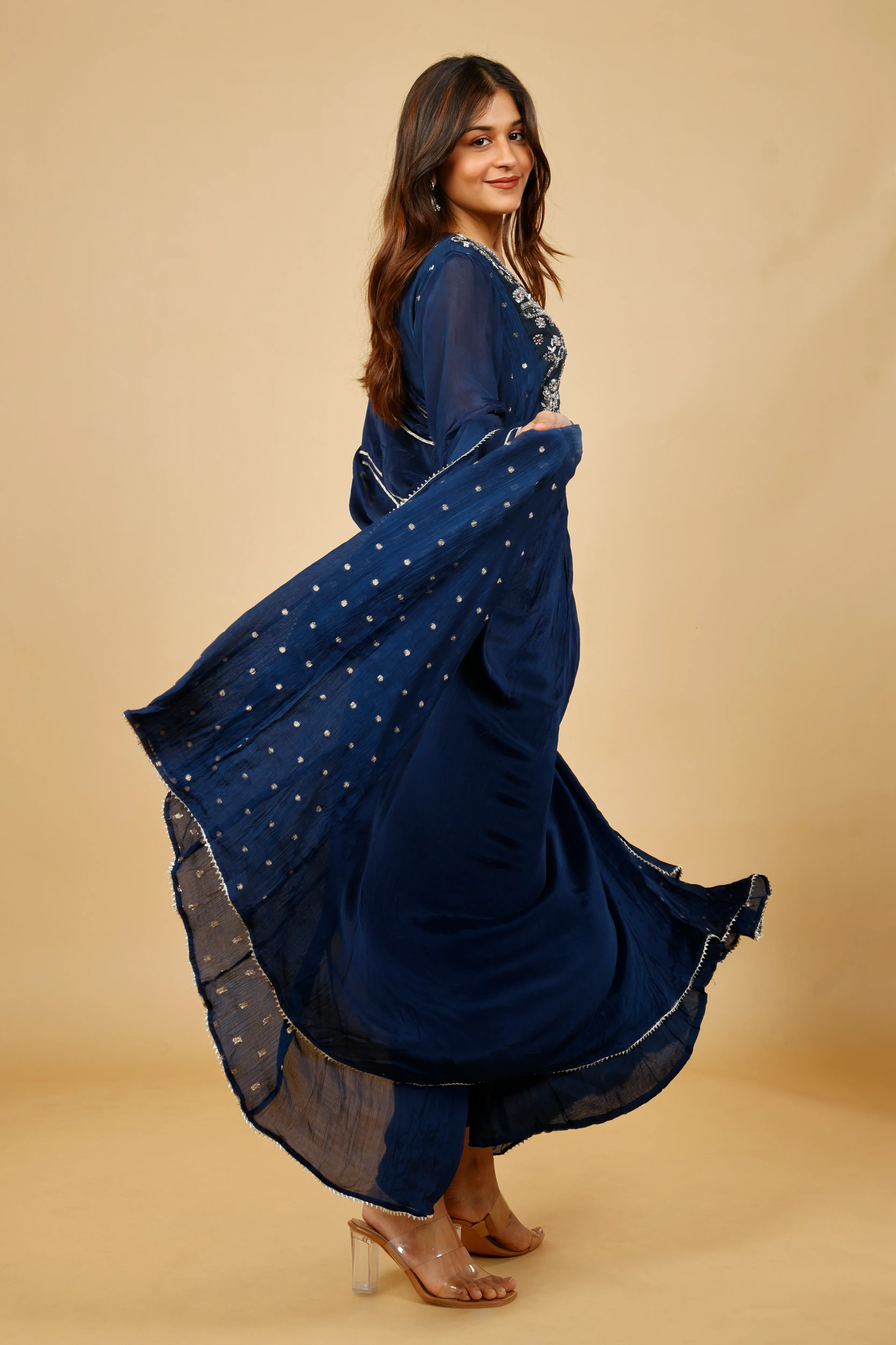 Midnight Blue Silk Anarkali Set with Gota & Kutdana Embroidery - Mokshaa