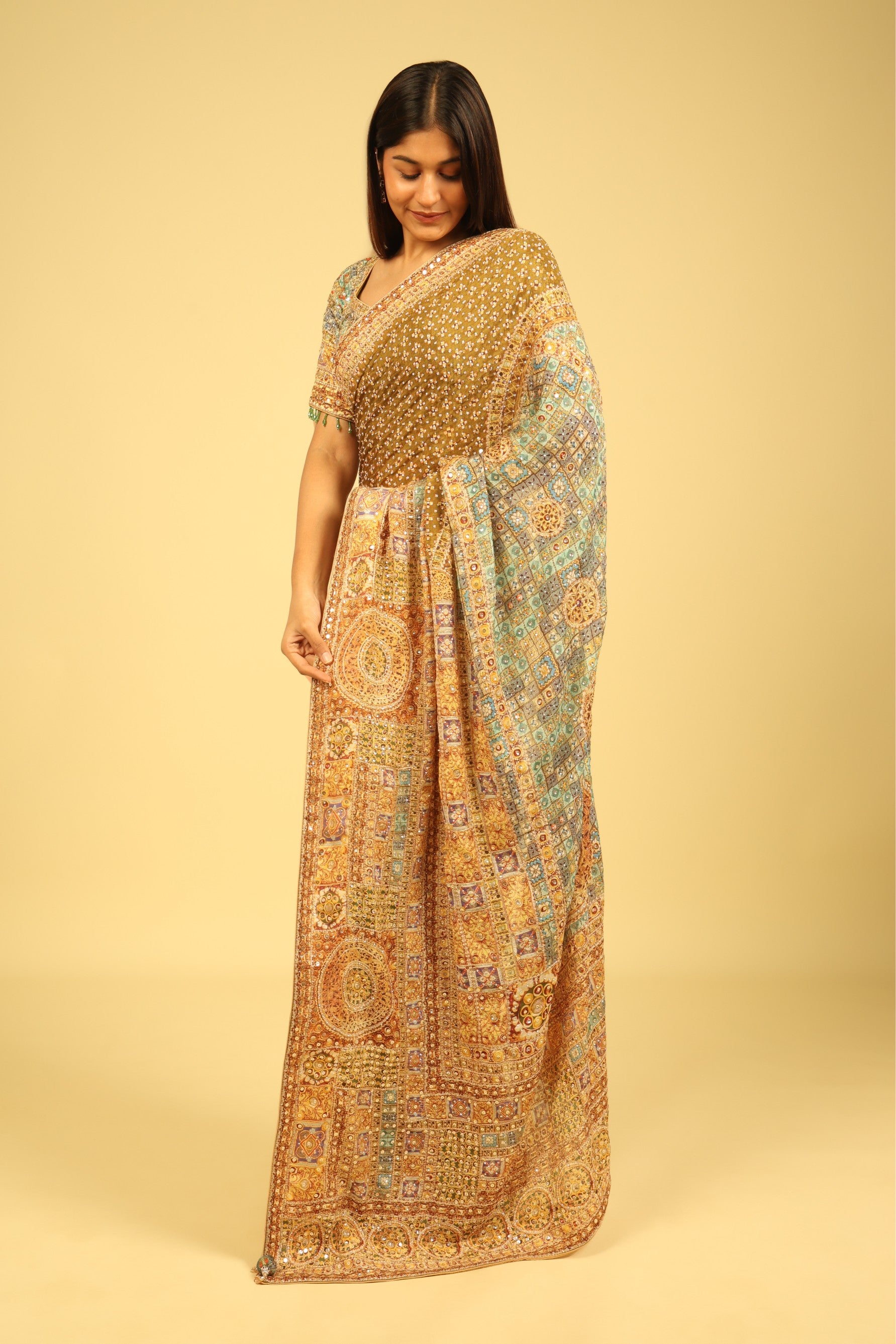 Dusty Green Soft Georgette Saree with Multicolour Digital Print, Sequin & Mirror Highlights - Mokshaa