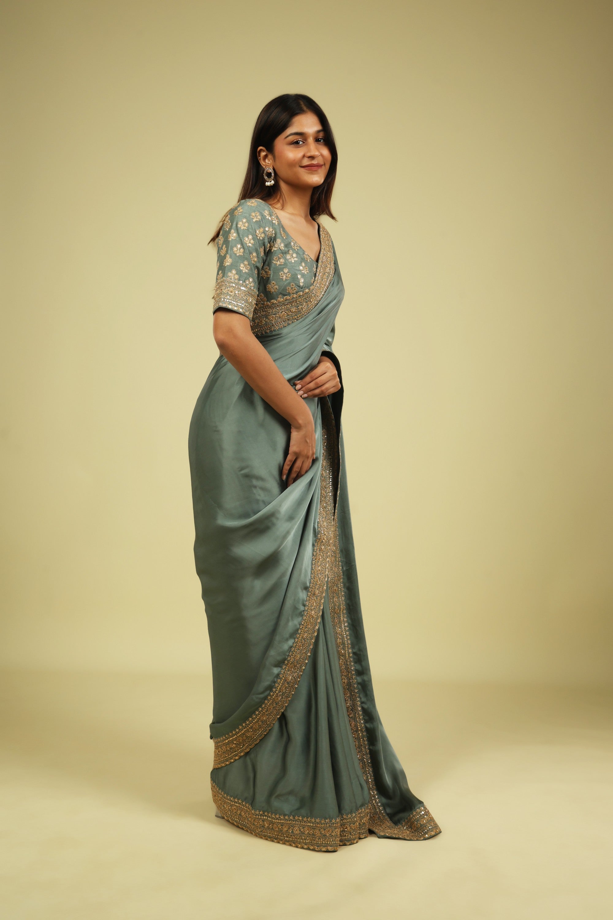 Powder Blue Satin Saree with Zari Thread Border & Zari Motif Blouse - Mokshaa