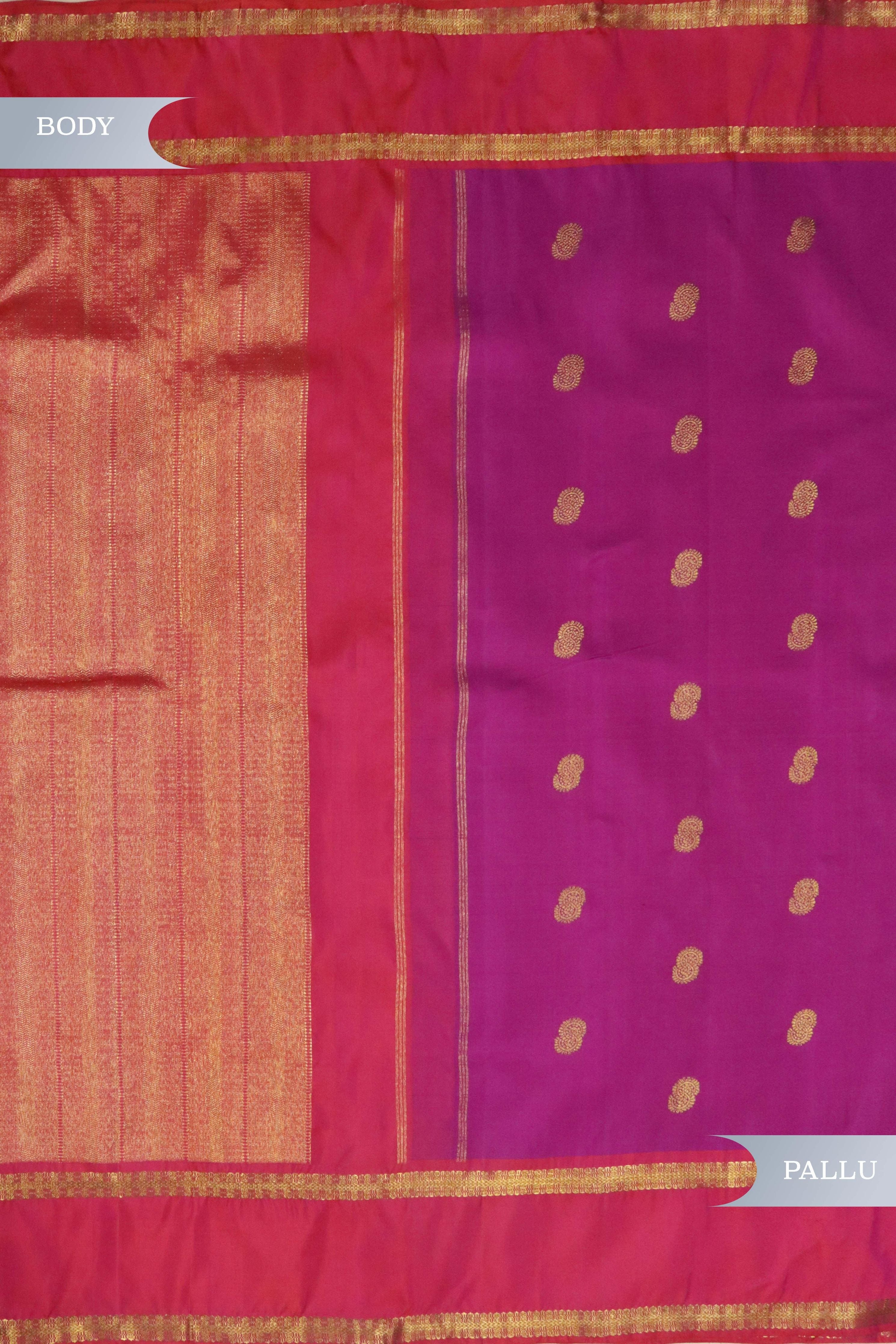 Magenta Kanchipuram Silk Saree with Gold Zari Motifs and Contrast Border - Mokshaa