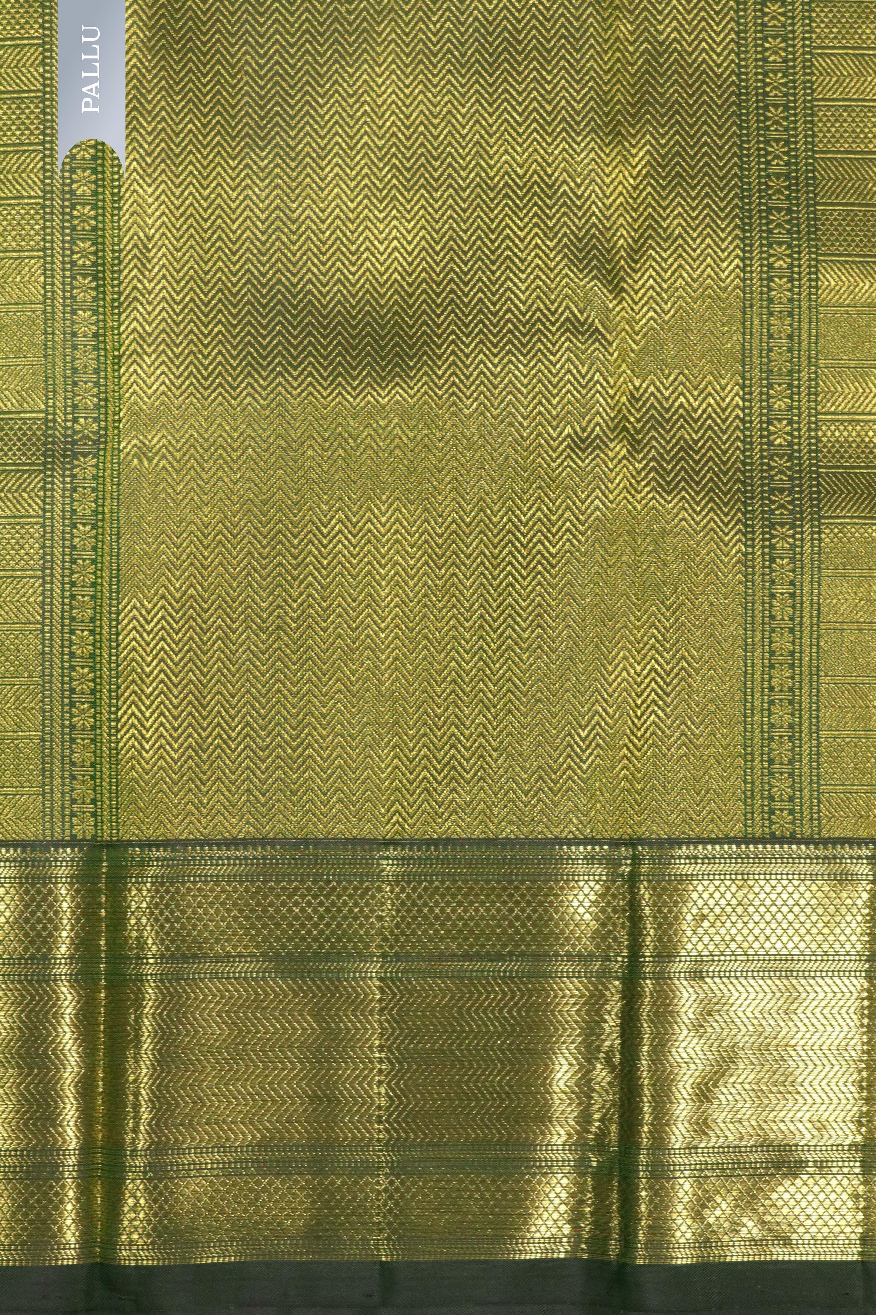 Bottle Green Kanchipuram Silk Saree with Thread Meenakari Motifs and Long Zari Border - Mokshaa