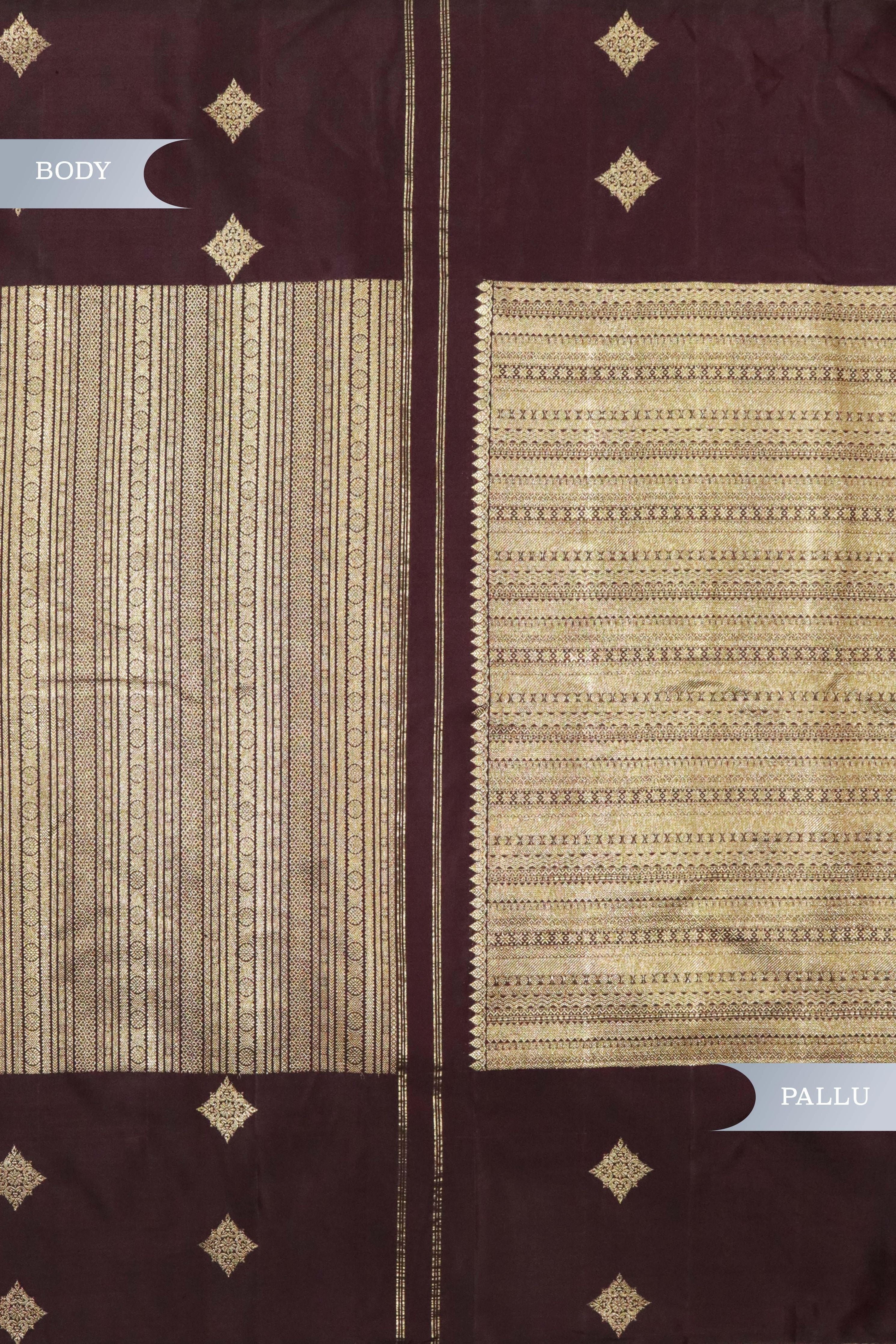 Brown Kanchipuram Silk Saree with Gold Geometrical Lines and Zari Motif Border - Mokshaa