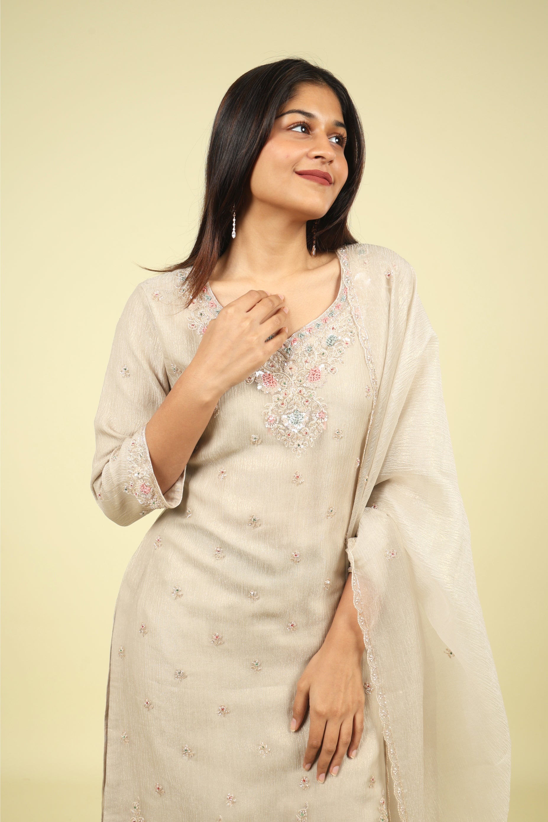 Beige Embroidered Crush Tissue Sharara Set - Mokshaa
