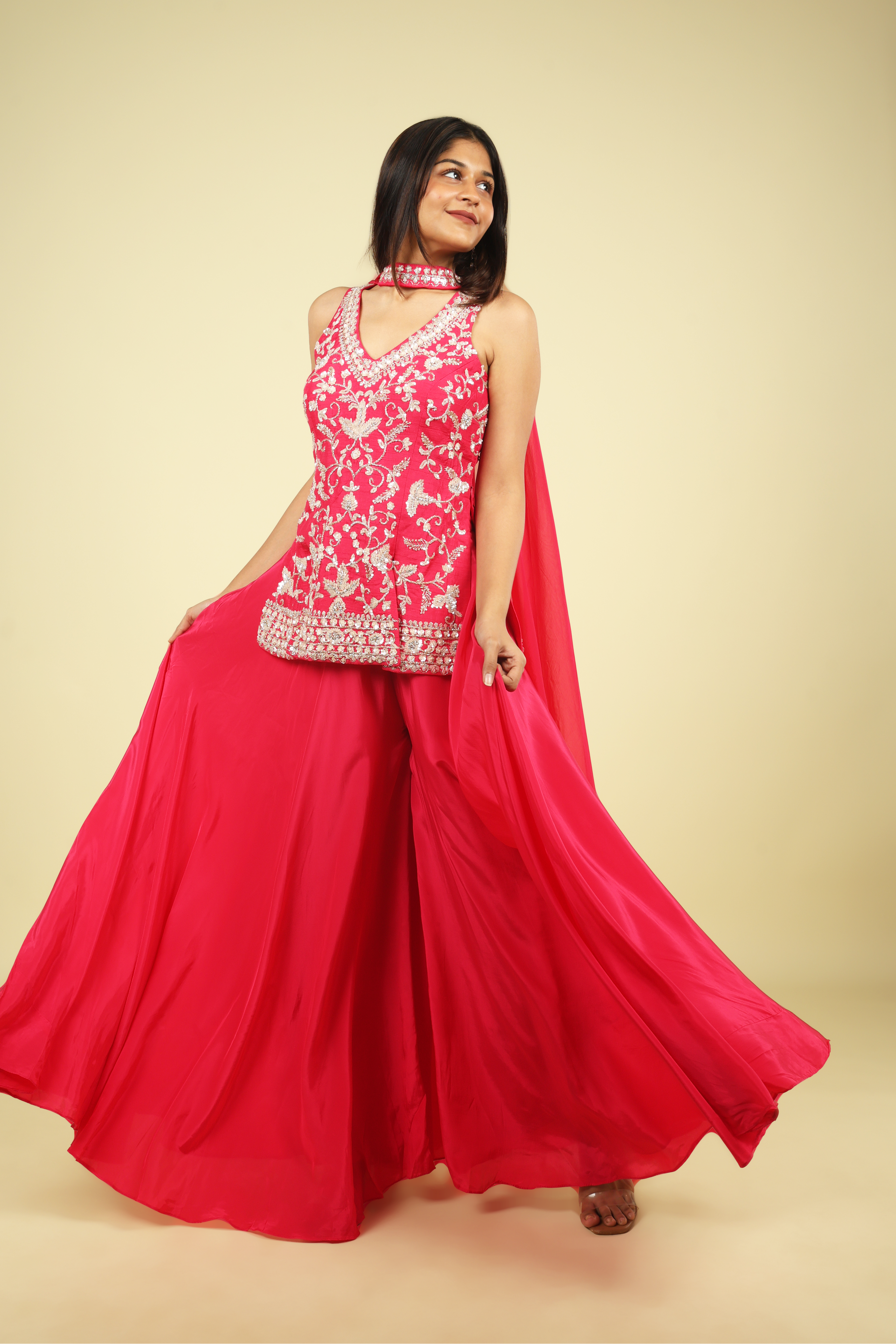 Pink Silk Palazzo Set with Embroidered Top & Organza Choker Dupatta - Mokshaa